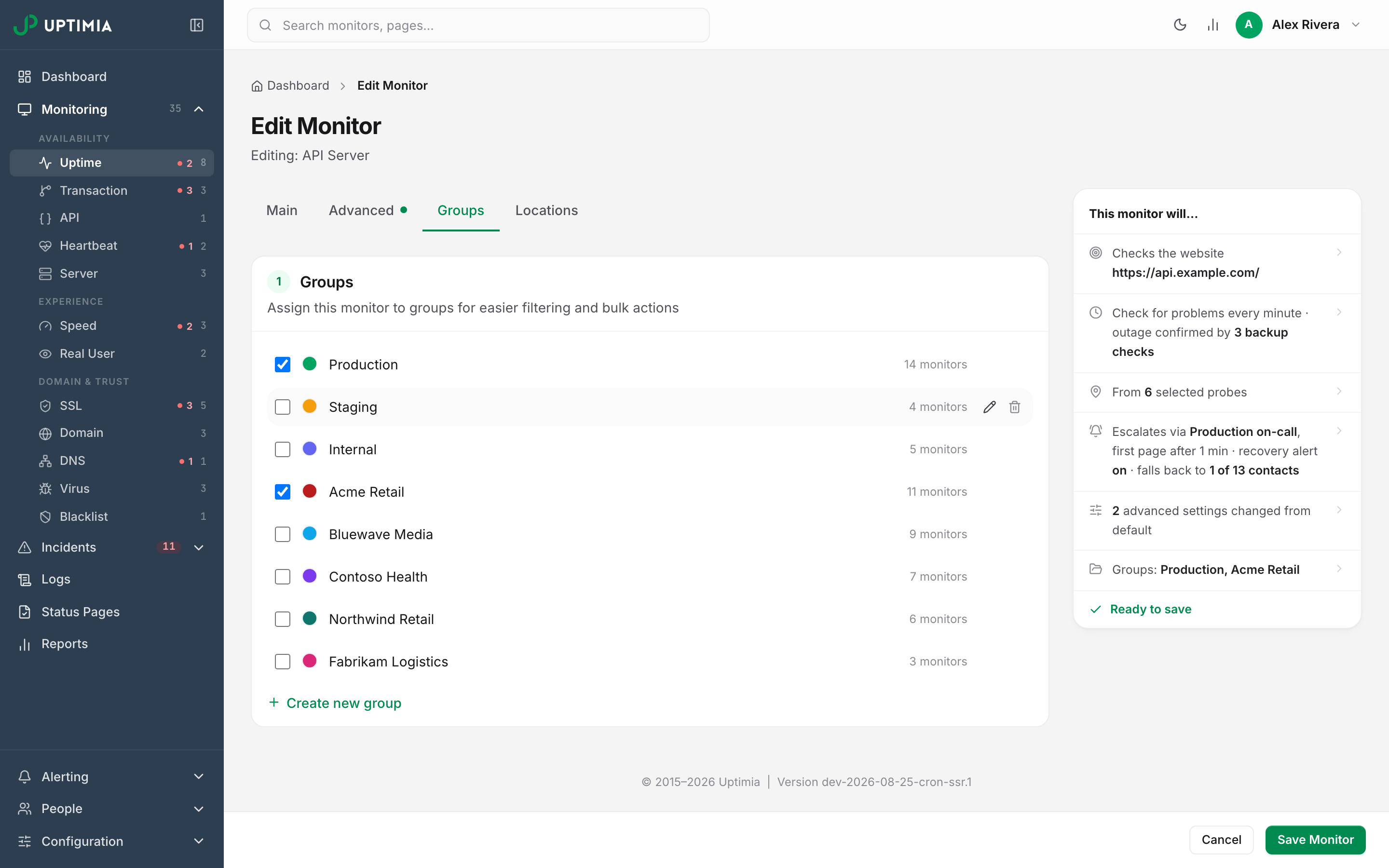 The monitor editor's Groups tab: a checkbox list of every group with its monitor count, Production and Acme Retail ticked, and the Staging row hovered to reveal its rename and delete buttons