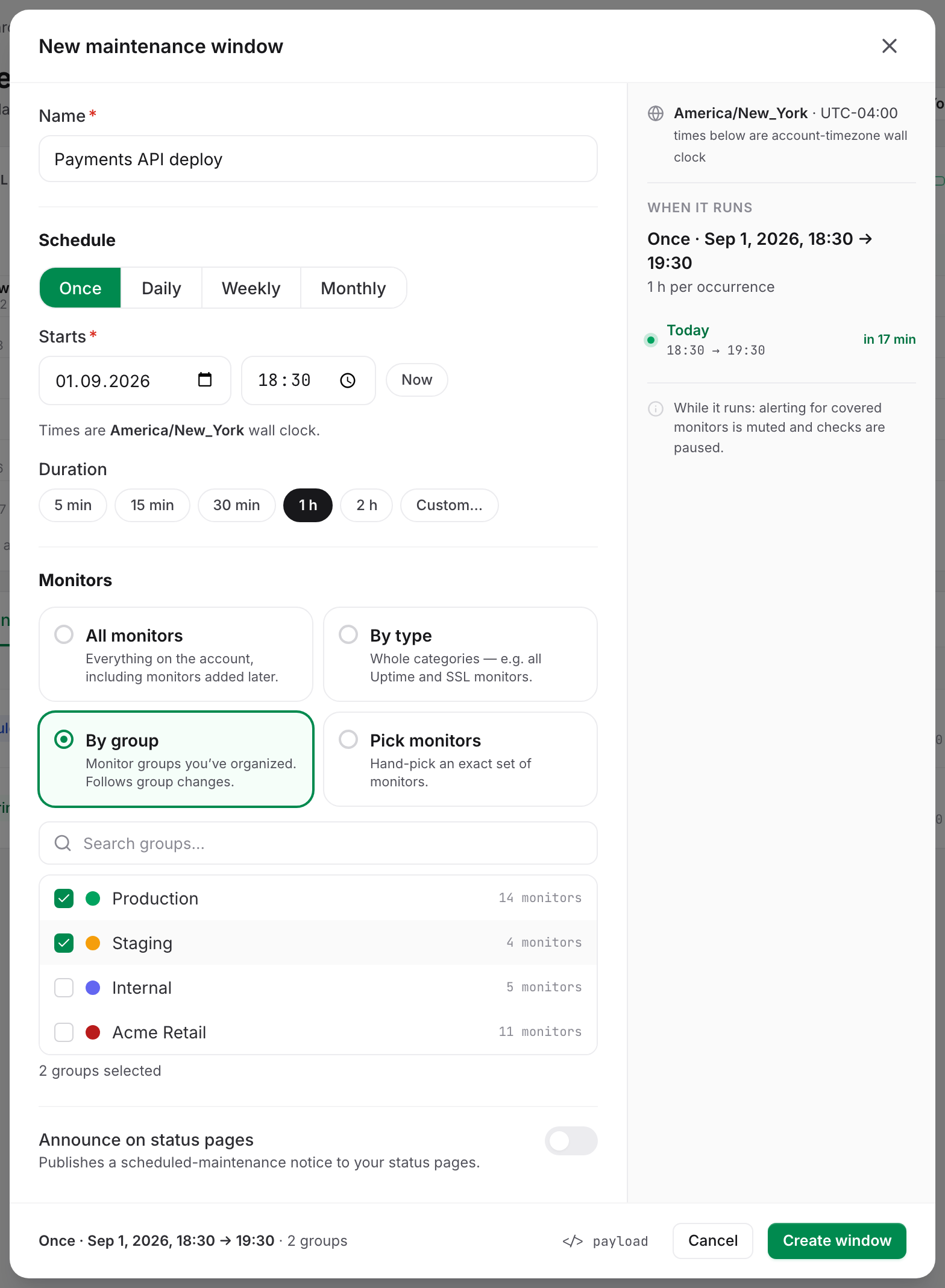 The new maintenance window modal scoped By group, with Production and Staging ticked in the group list and the counter reading 2 groups selected