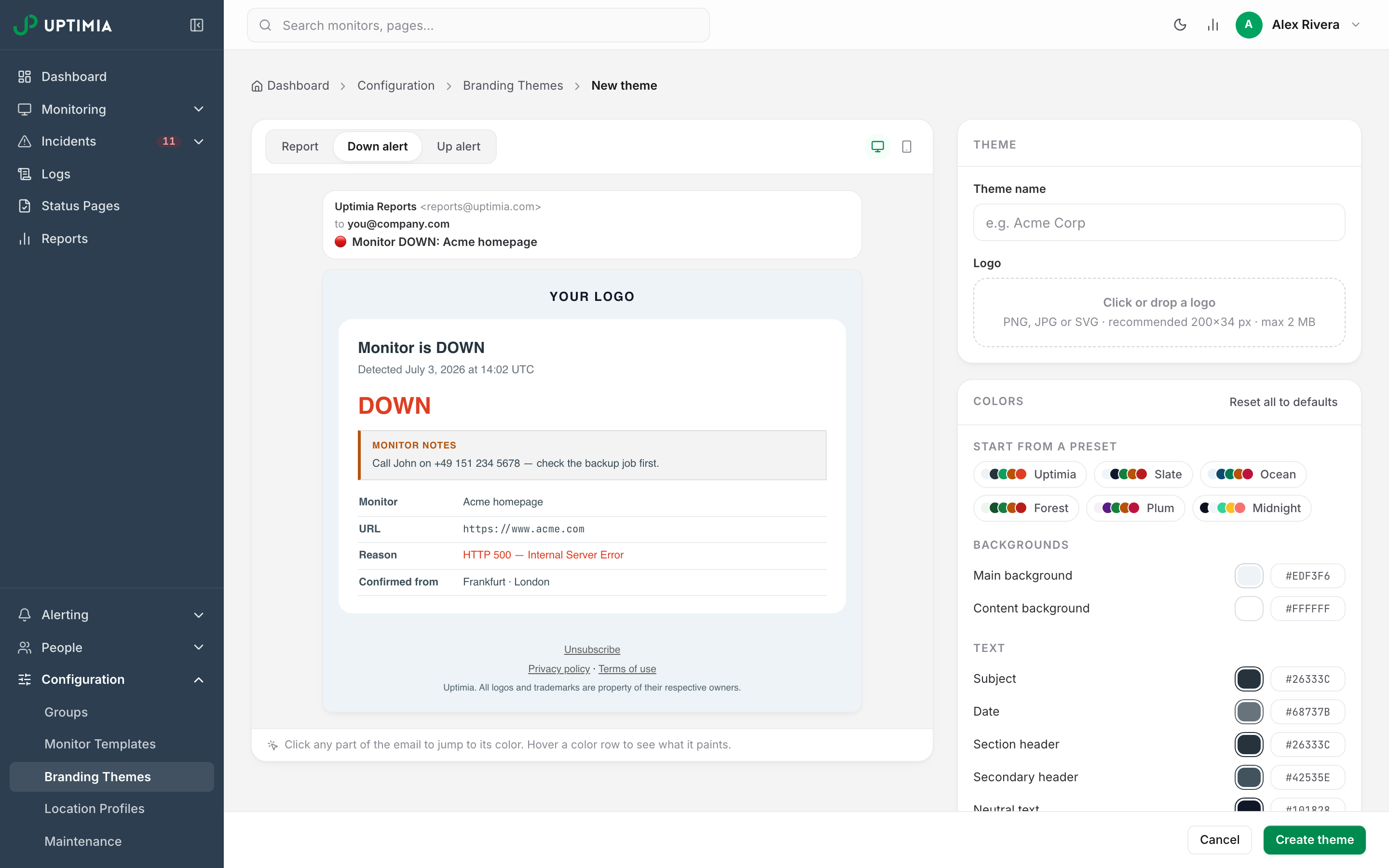 The down-alert email preview in the branding editor, showing the Monitor notes panel between the DOWN headline and the key-facts table