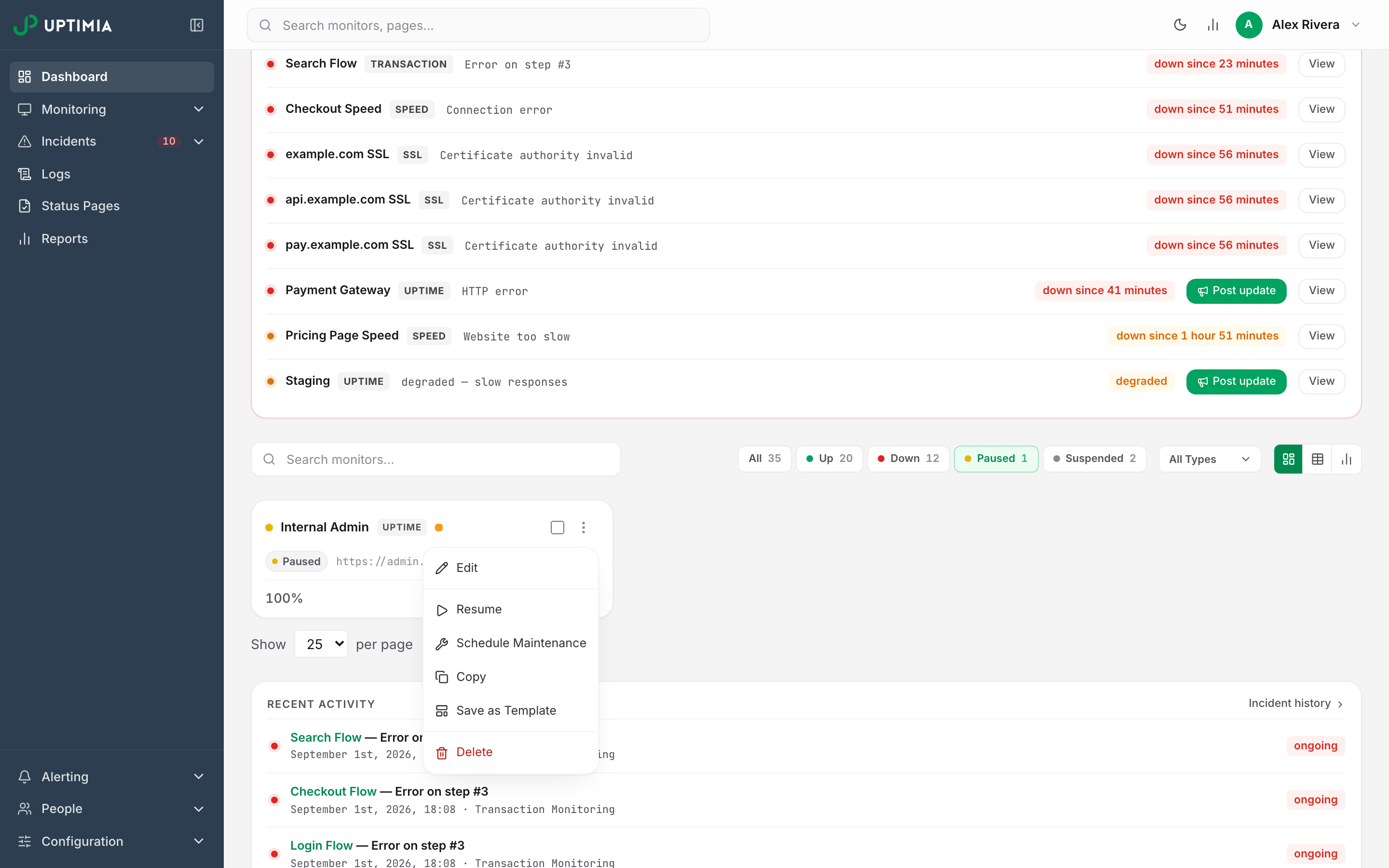 A paused monitor on the Uptimia dashboard with its actions menu open, showing Resume where a running monitor offers Pause.