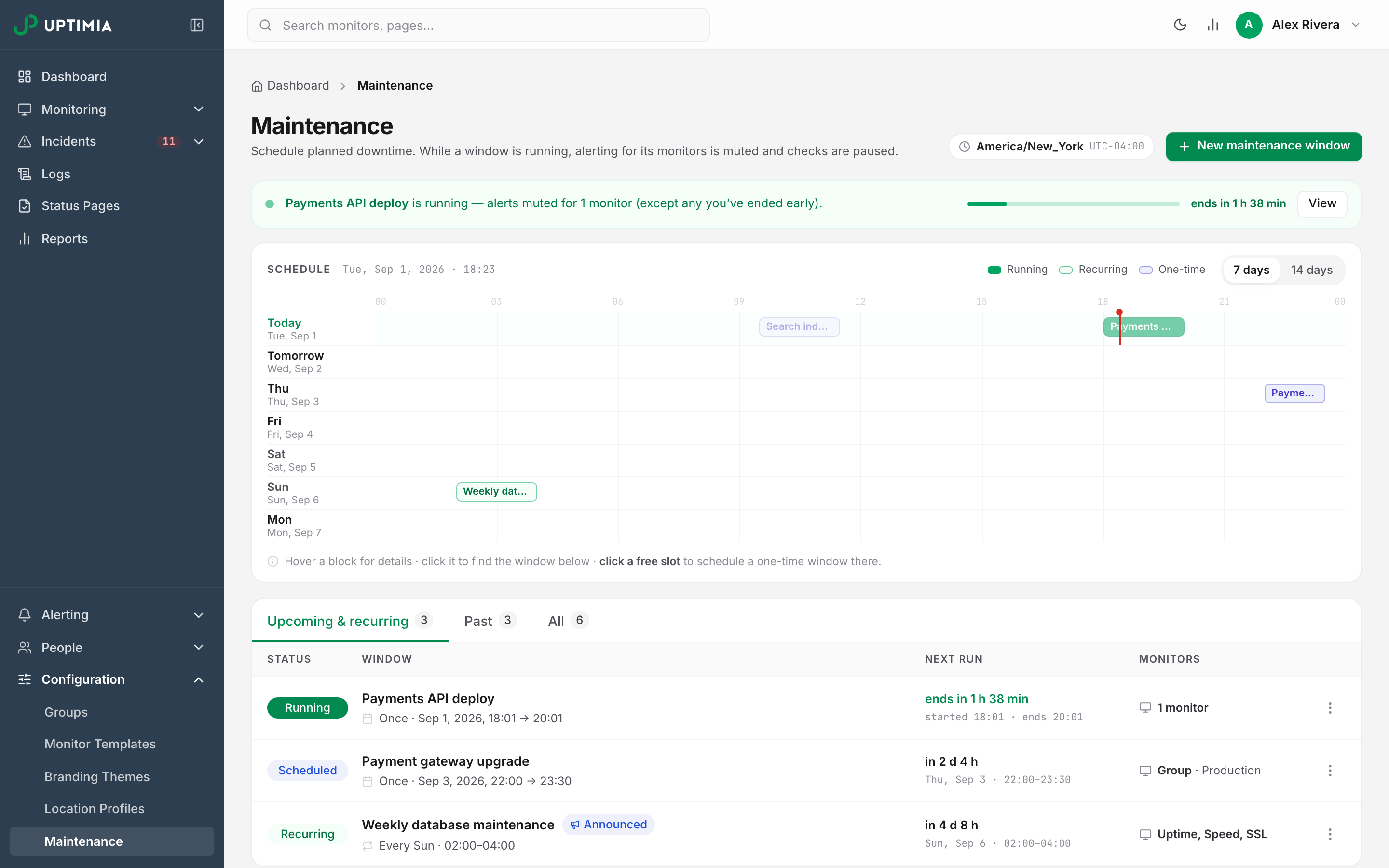 The Uptimia Maintenance page with a window running now: a running-now strip with its countdown above the window list, where the row carries the green Running badge and an ends-in countdown.