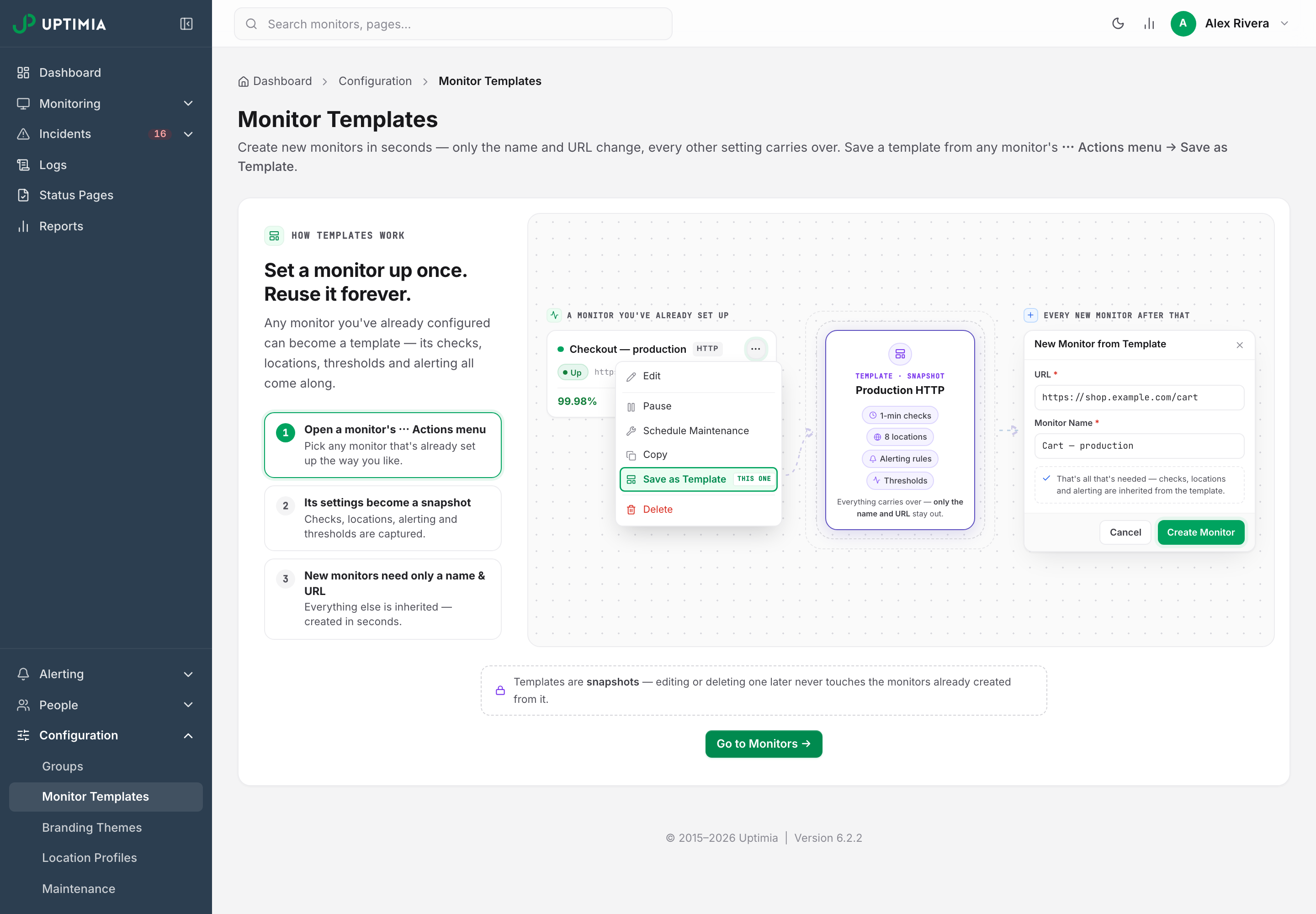 The Monitor Templates zero state, explaining in three steps how an existing monitor's settings become a reusable snapshot.