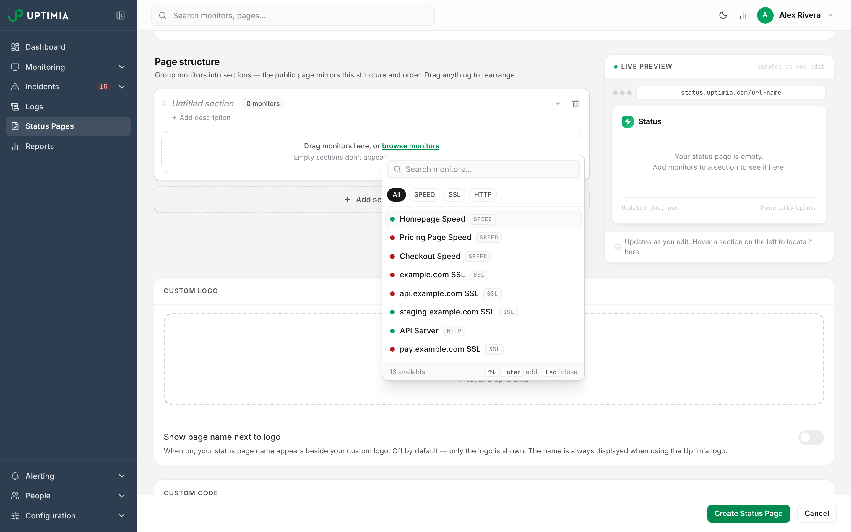 The status page editor's monitor picker: the type filter offers only SPEED, SSL and HTTP (the picker's tag for the uptime family), the three families a status page can display.