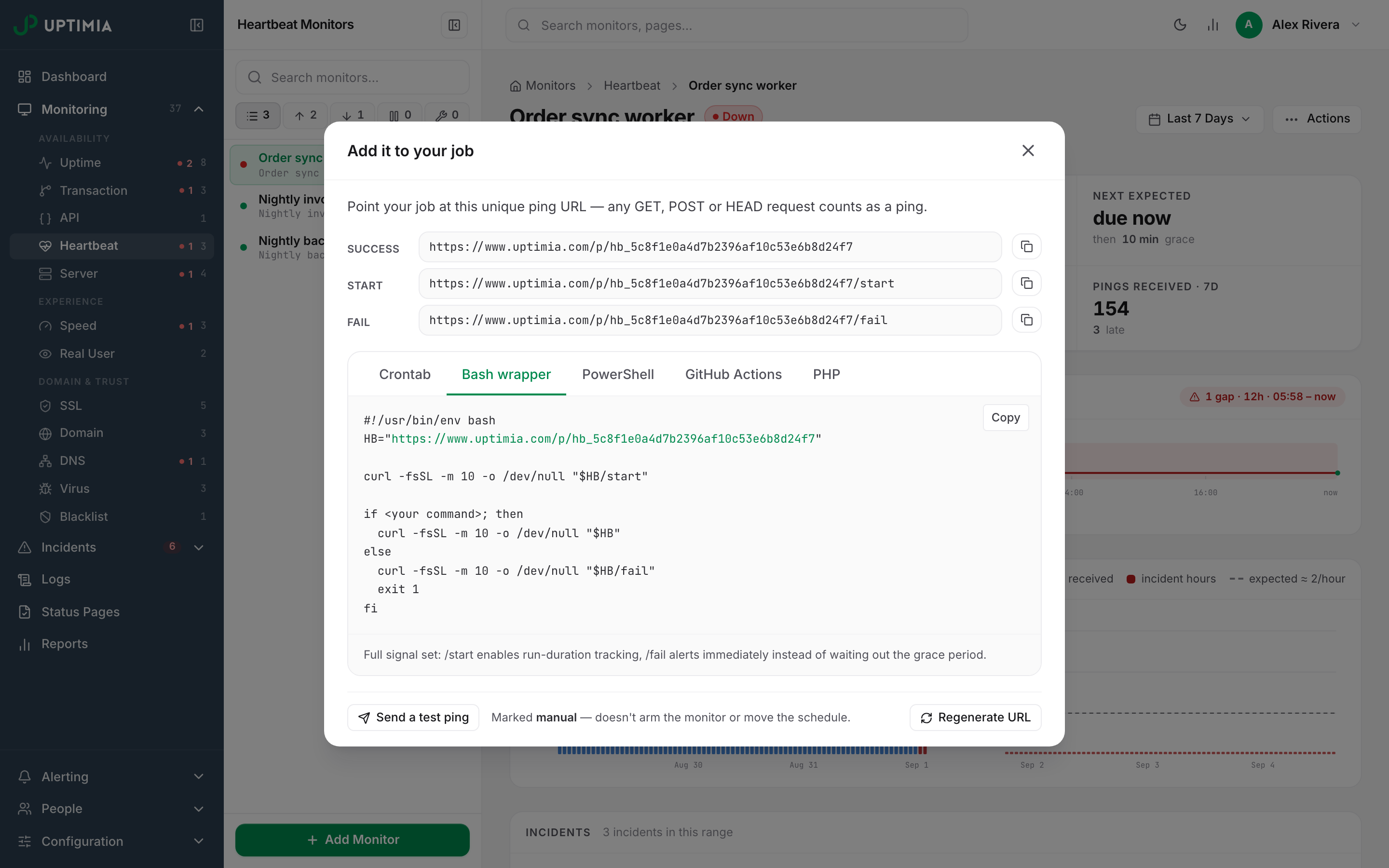 The Ping setup dialog of an Uptimia heartbeat monitor, showing the Success, Start and Fail ping URLs and the Bash wrapper snippet that sends all three signals.