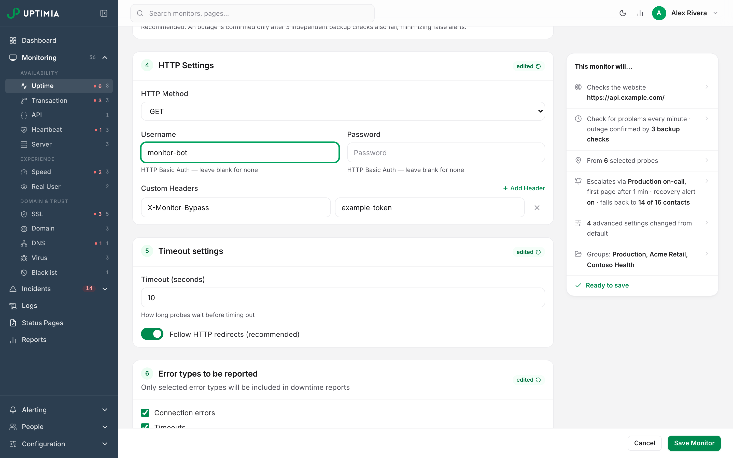 The HTTP Settings card on an uptime monitor's Advanced tab, with the HTTP Basic Auth username and password fields and a custom header row that lets a probe past a gateway.