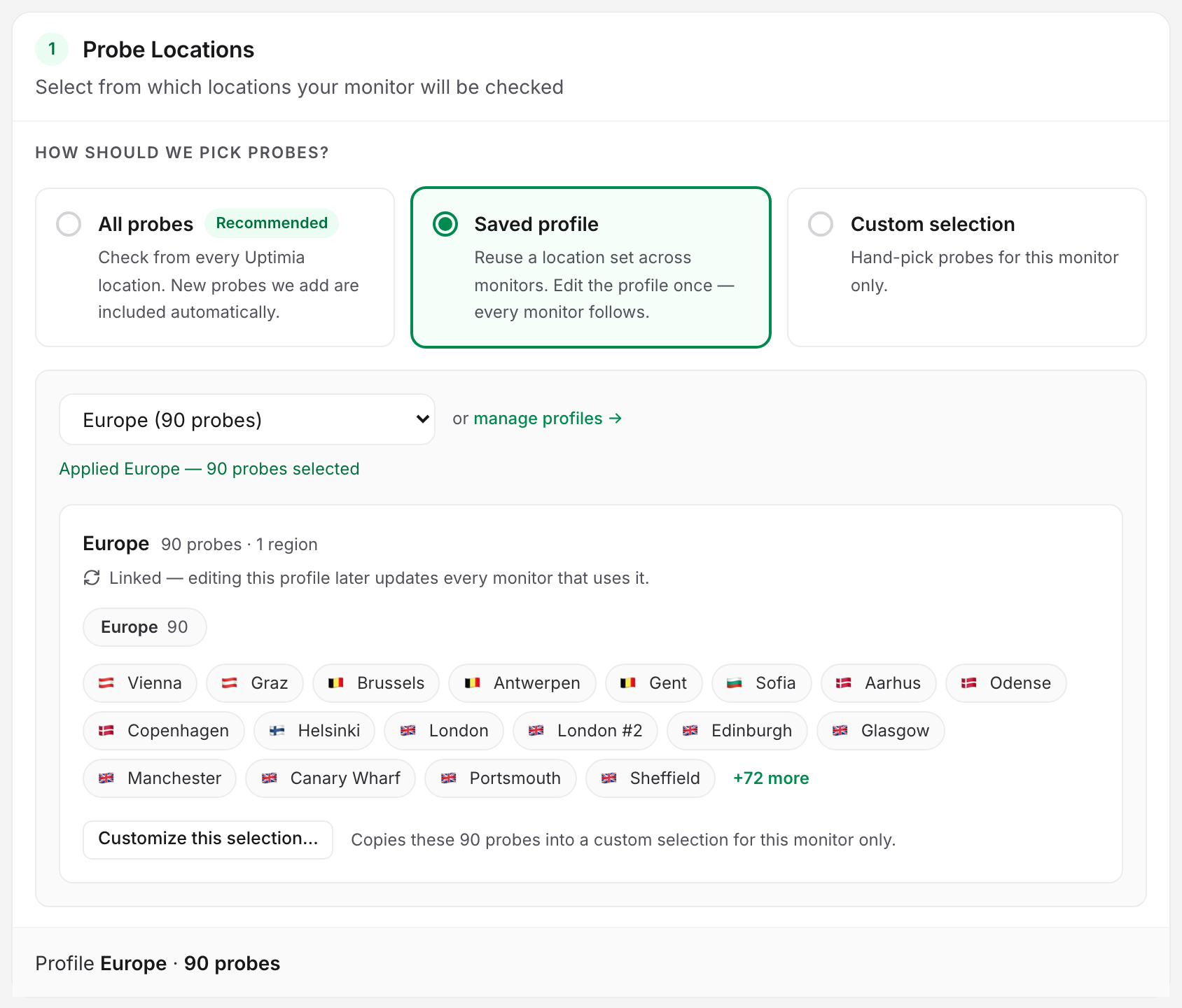 The Locations tab with the built-in Europe profile applied, showing its 90 probes across one region and the note that editing the profile later updates every monitor using it.