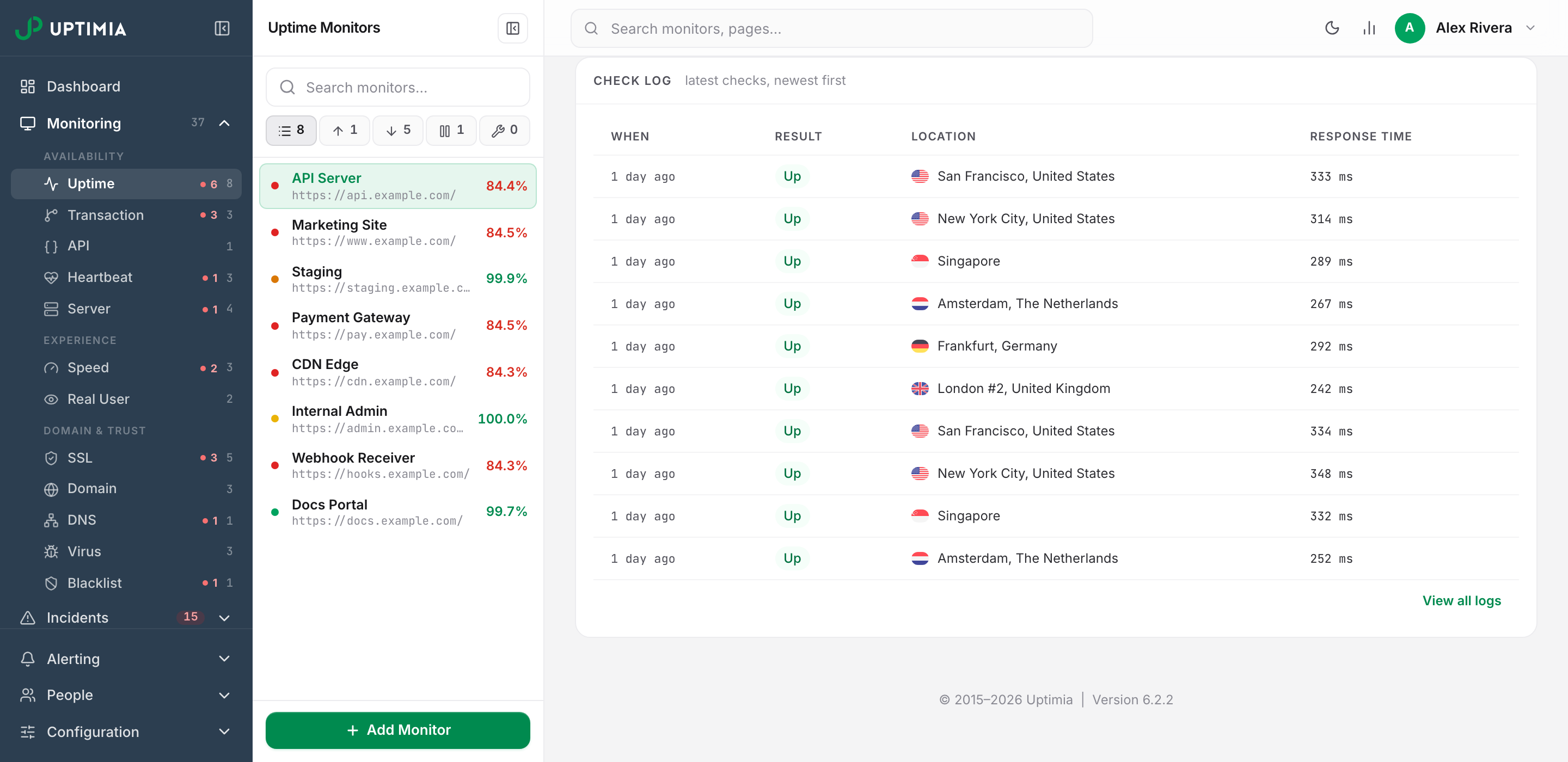The Check log card on a monitor's own page, listing its most recent individual checks with result, probe city and response time, and the View all logs link that opens Monitoring Logs filtered to that monitor.