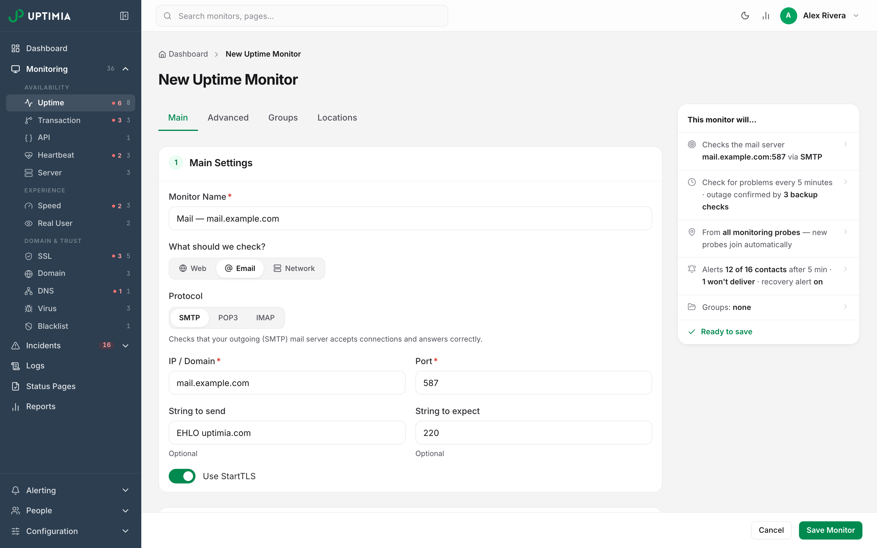 The uptime editor with the Email sub-type selected, showing the SMTP protocol choice, host and port fields, the string-to-send and string-to-expect fields and the StartTLS toggle.