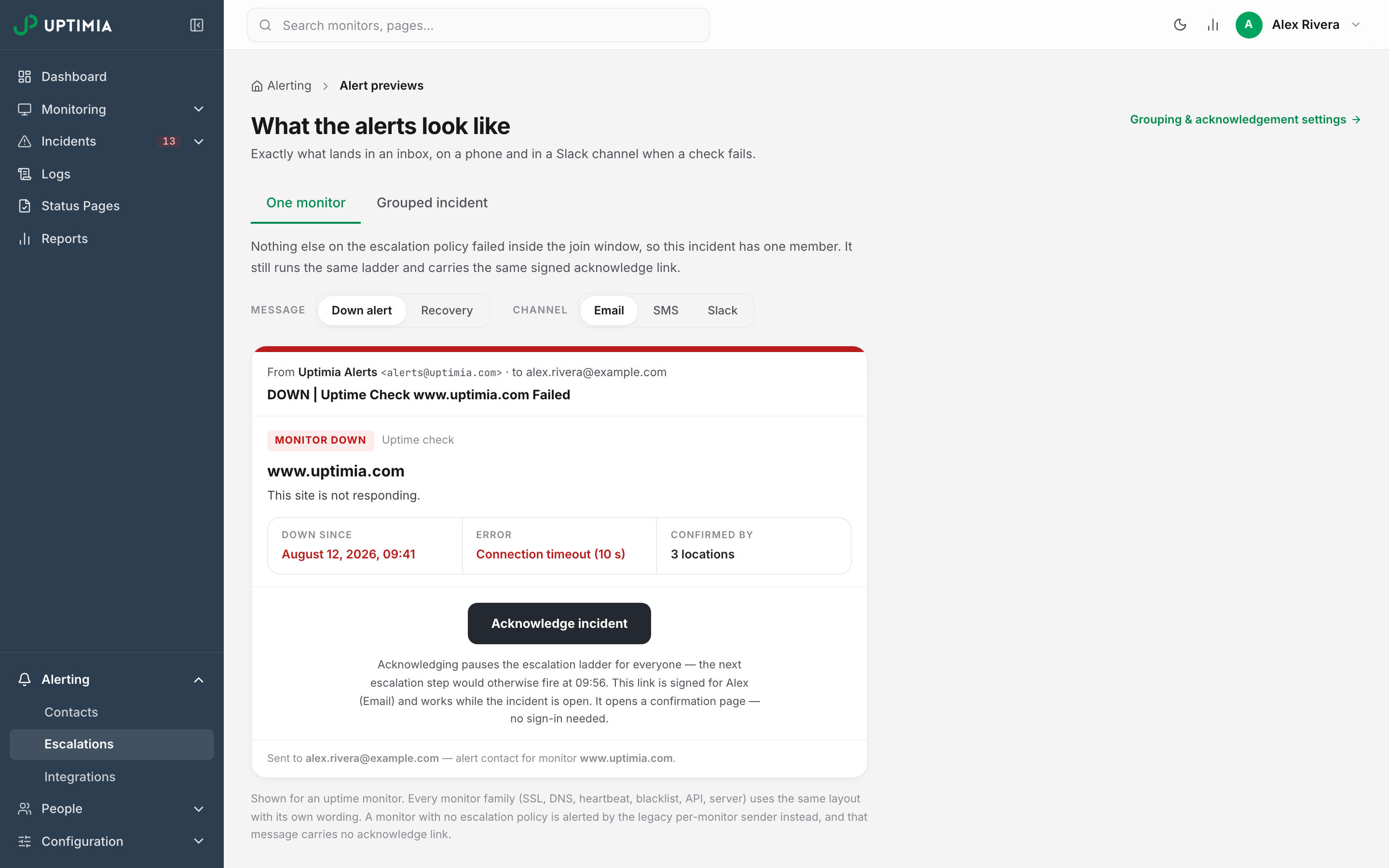 The alert-previews page rendering a down-alert e-mail as it lands in an inbox, with the message and channel switchers above it.