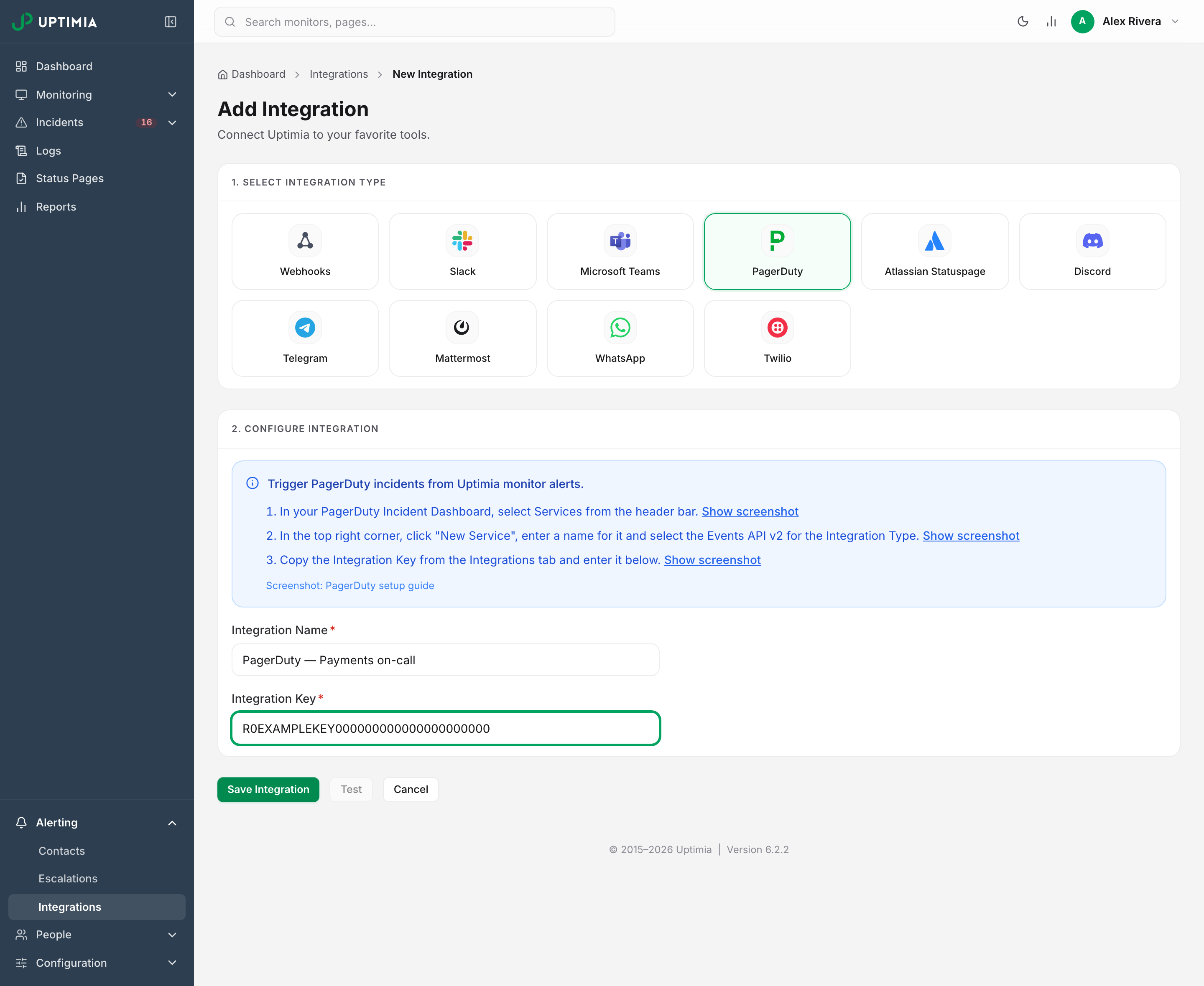 The Add Integration screen with PagerDuty chosen, showing the PagerDuty setup steps above the Integration Name and Integration Key fields.