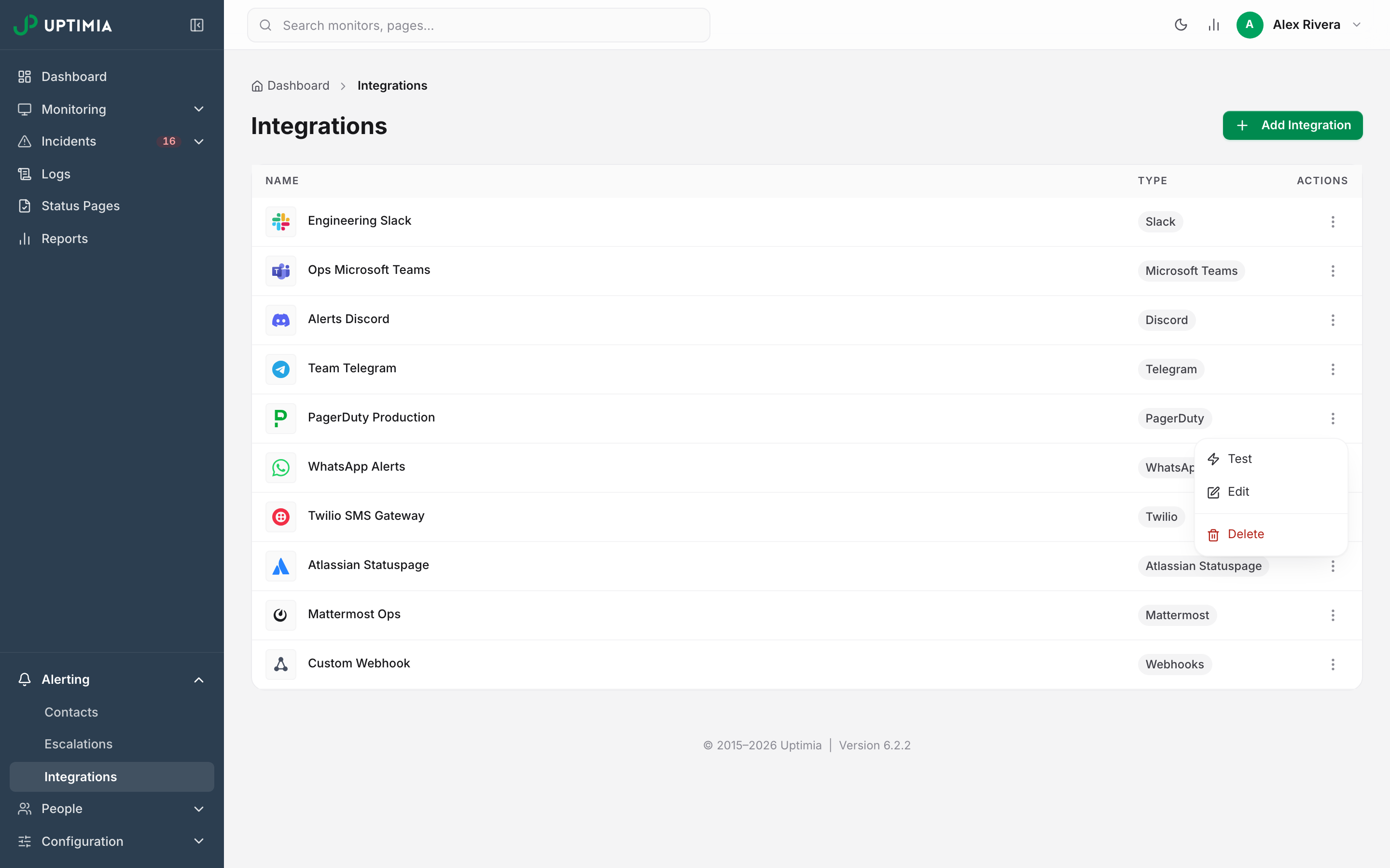 The Integrations list with the PagerDuty row's actions menu open, showing where the Test action lives.