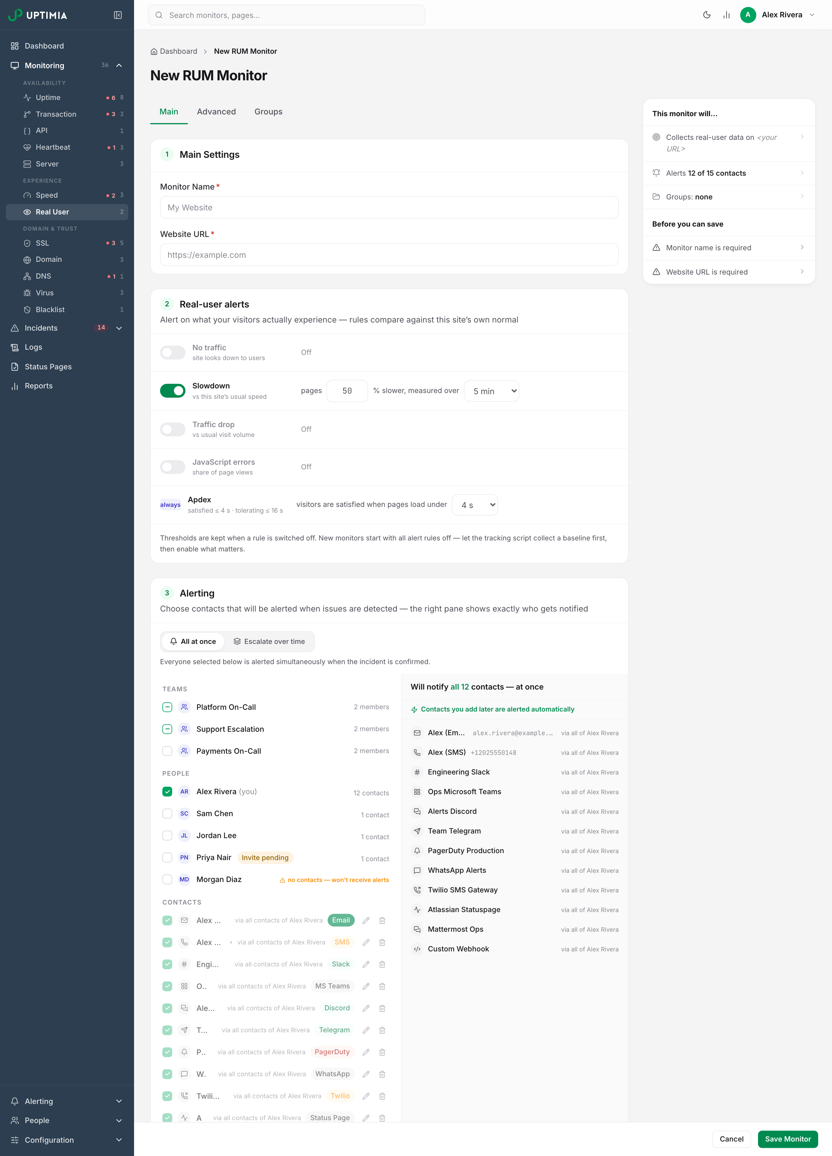 The RUM monitor editor with its Main, Advanced and Groups tabs: the Real-user alerts card carries the No traffic, Slowdown, Traffic drop and JavaScript errors rules plus the always-on Apdex threshold row, with Slowdown switched on to show its percentage and measurement window.