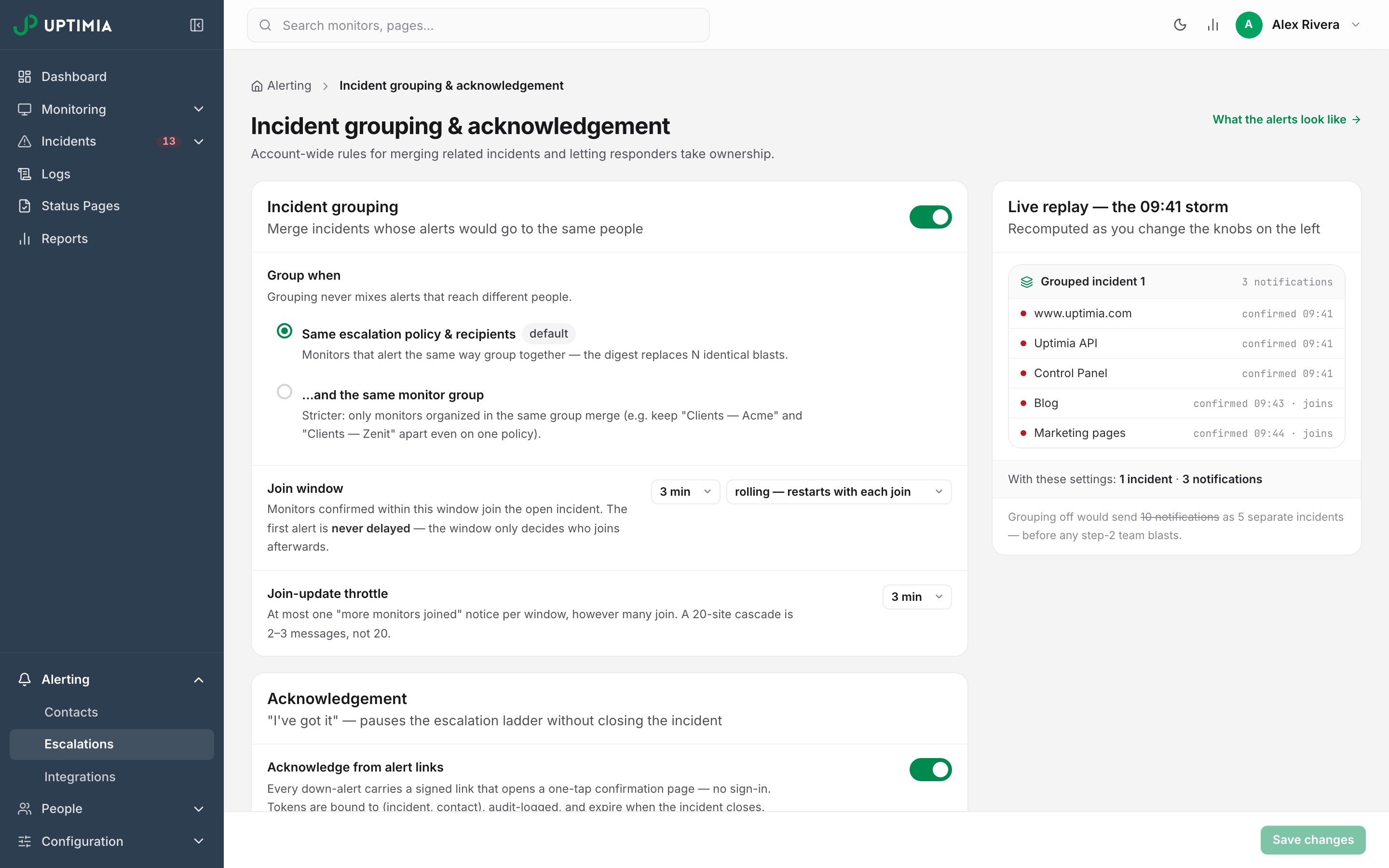 The incident-grouping settings beside the live replay panel, where five outages confirmed between 09:41 and 09:44 merge into a single grouped incident that sends three notifications instead of ten.