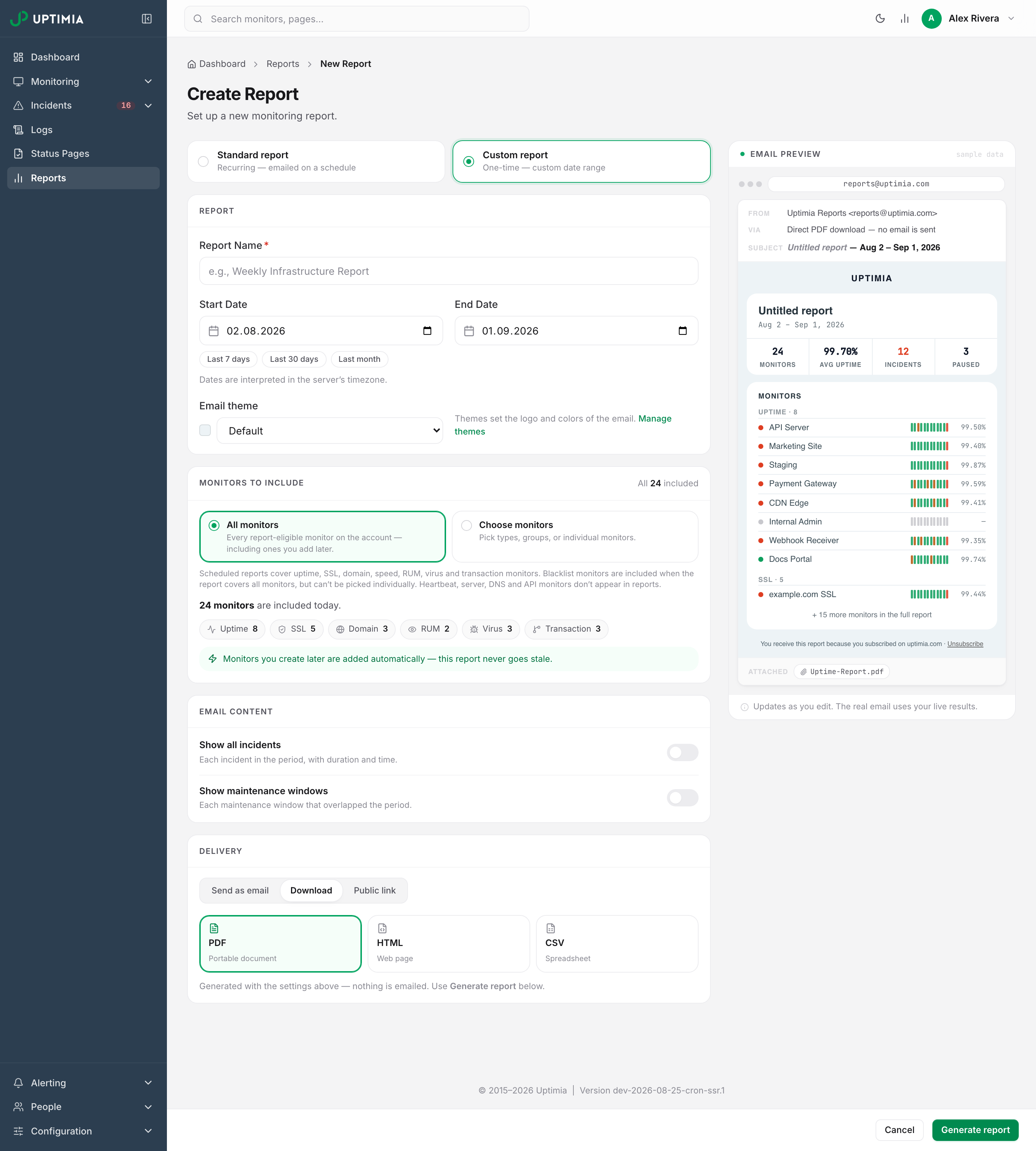 The custom report editor: a named date range with its presets, and the Delivery card offering email, download or a public link instead of a schedule.