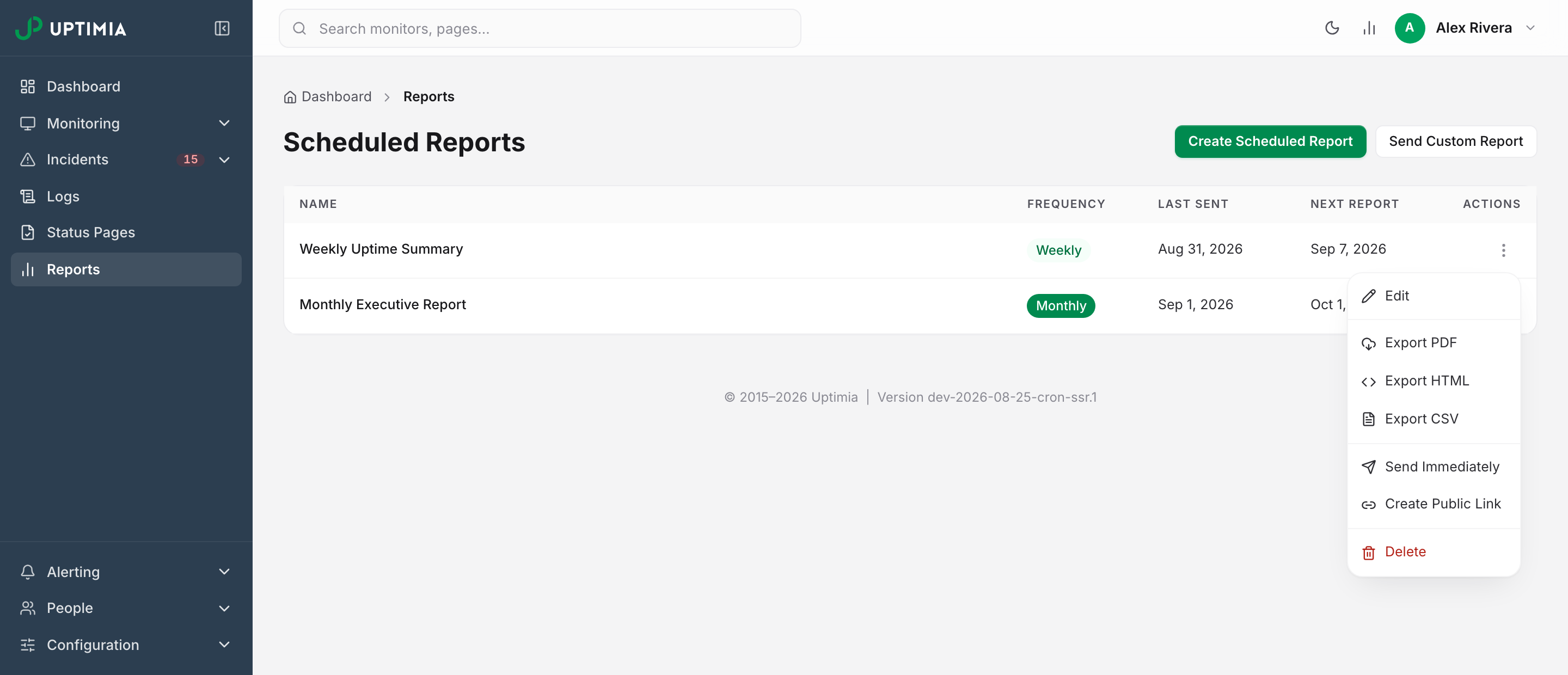 The Reports list with a row's actions menu open, showing Edit, the three exports, Send Immediately, Create Public Link and Delete.