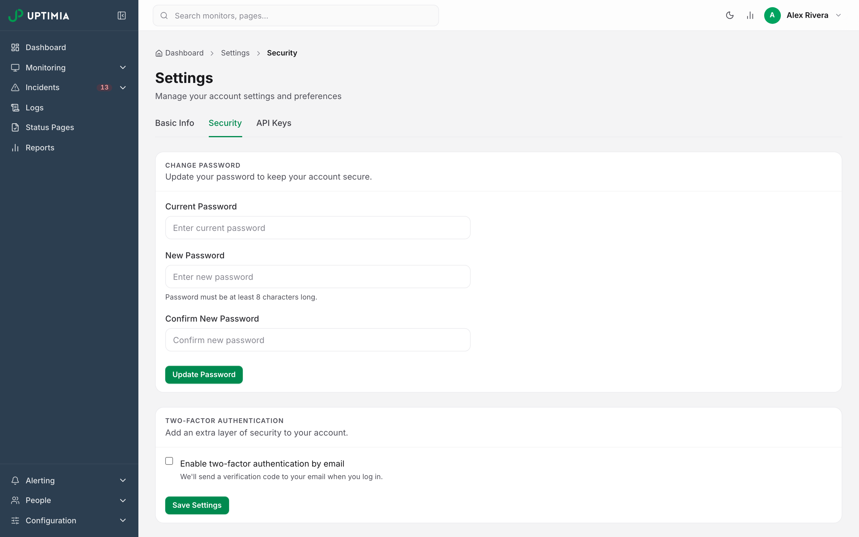 The Change Password card on the Settings Security tab, with the current, new and confirm password fields and the Update Password button.