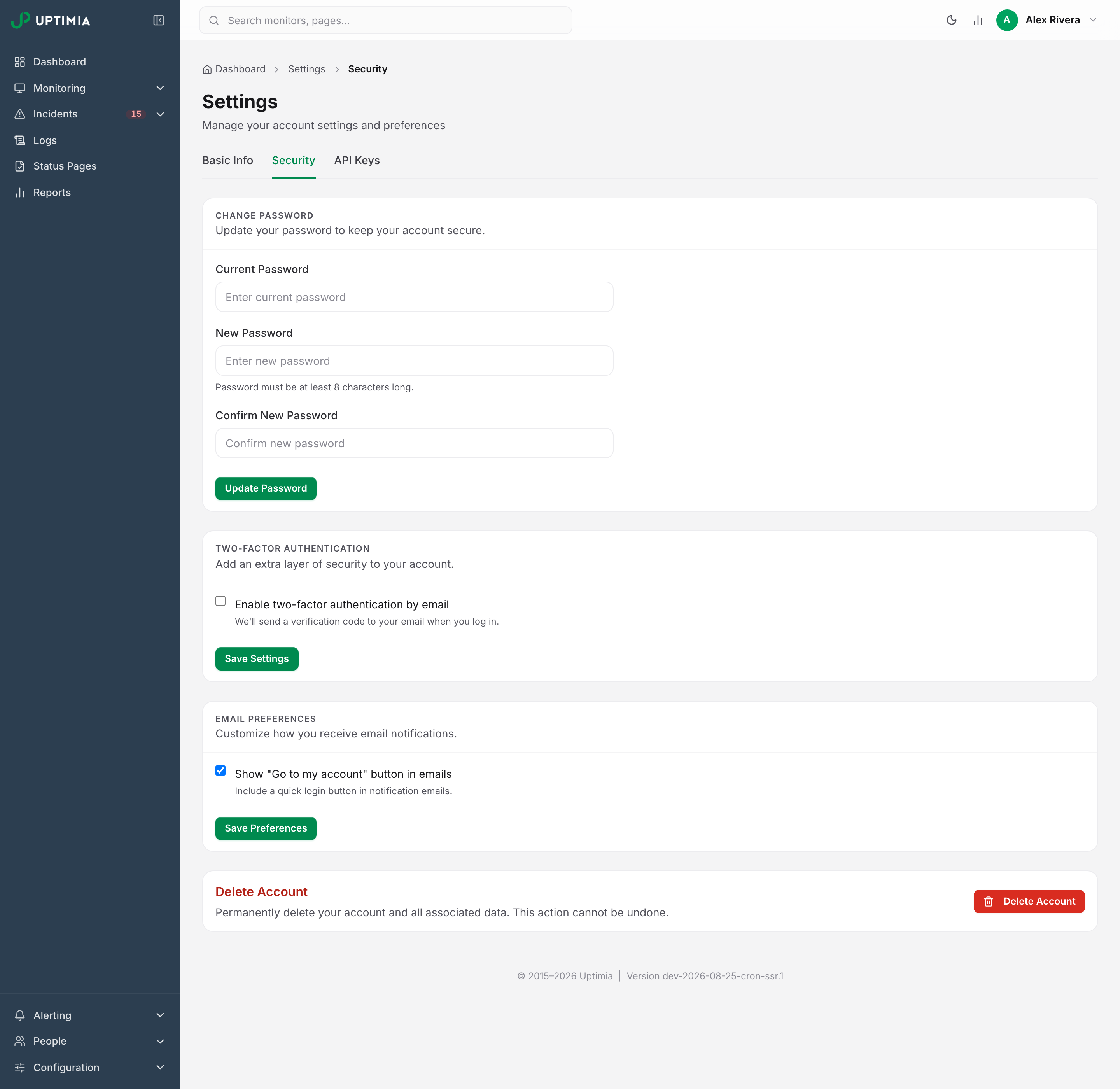 The Settings Security tab, where every identity changes its own password and enables email two-factor authentication for itself. The Delete Account card at the bottom is Owner-only: other seats see the button, but the request is refused.