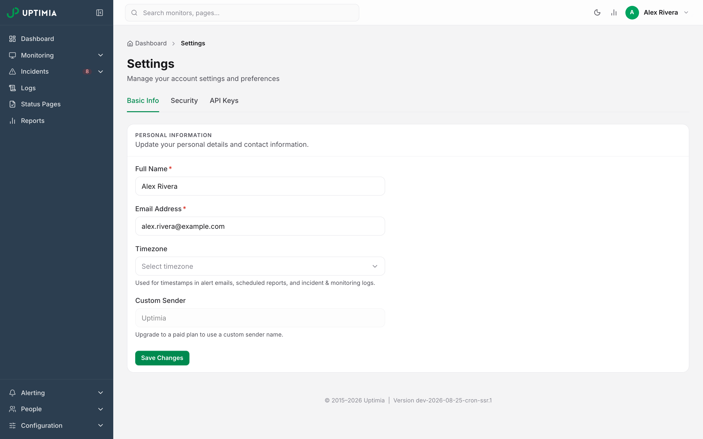 The Settings page on the Basic Info tab, with the Basic Info / Security / API Keys tabs above the Personal Information card and its Full Name, Email Address, Timezone and Custom Sender fields.