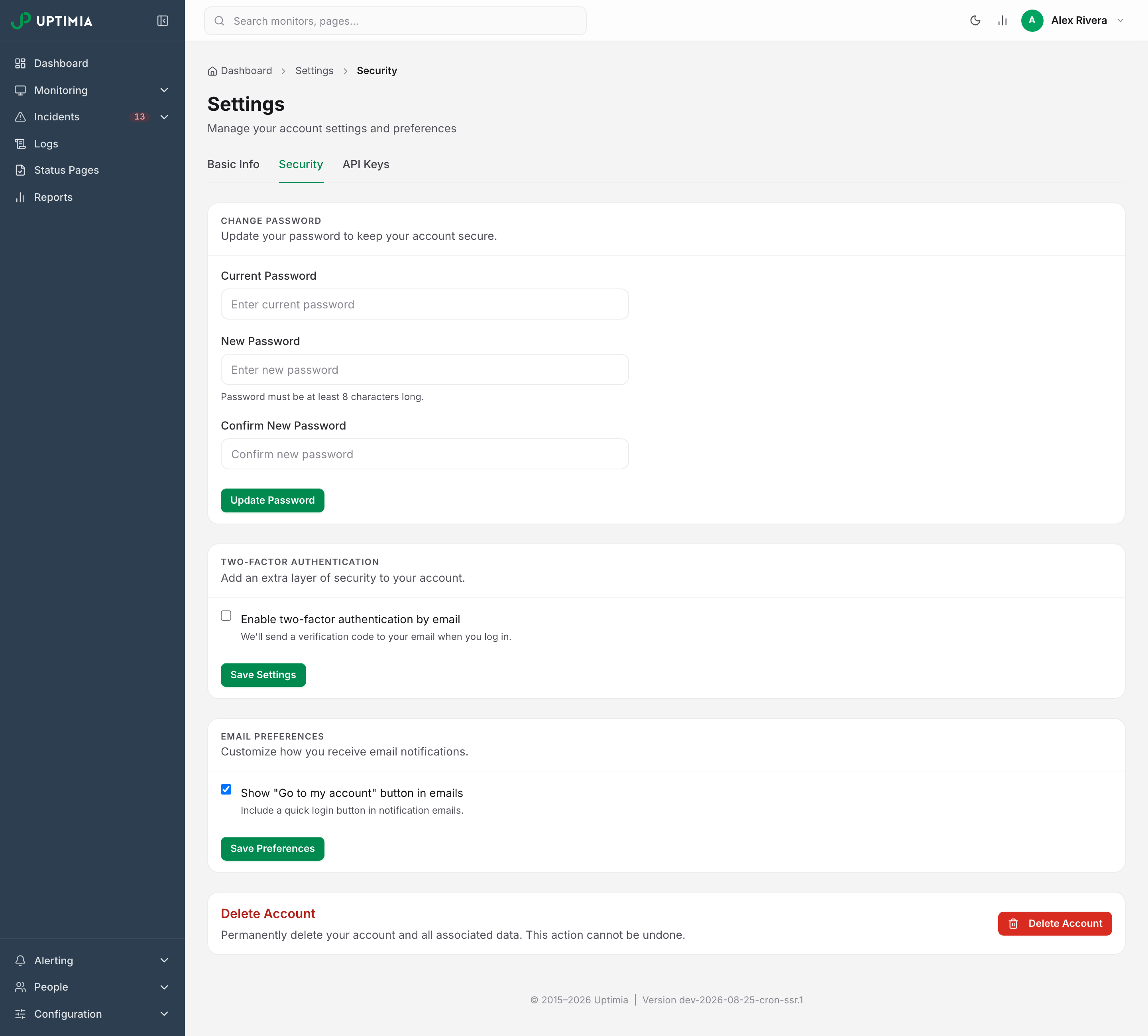The Security tab of Uptimia settings, showing all four cards in one view: Change Password, Two-Factor Authentication, Email Preferences and the red-bordered Delete Account card.