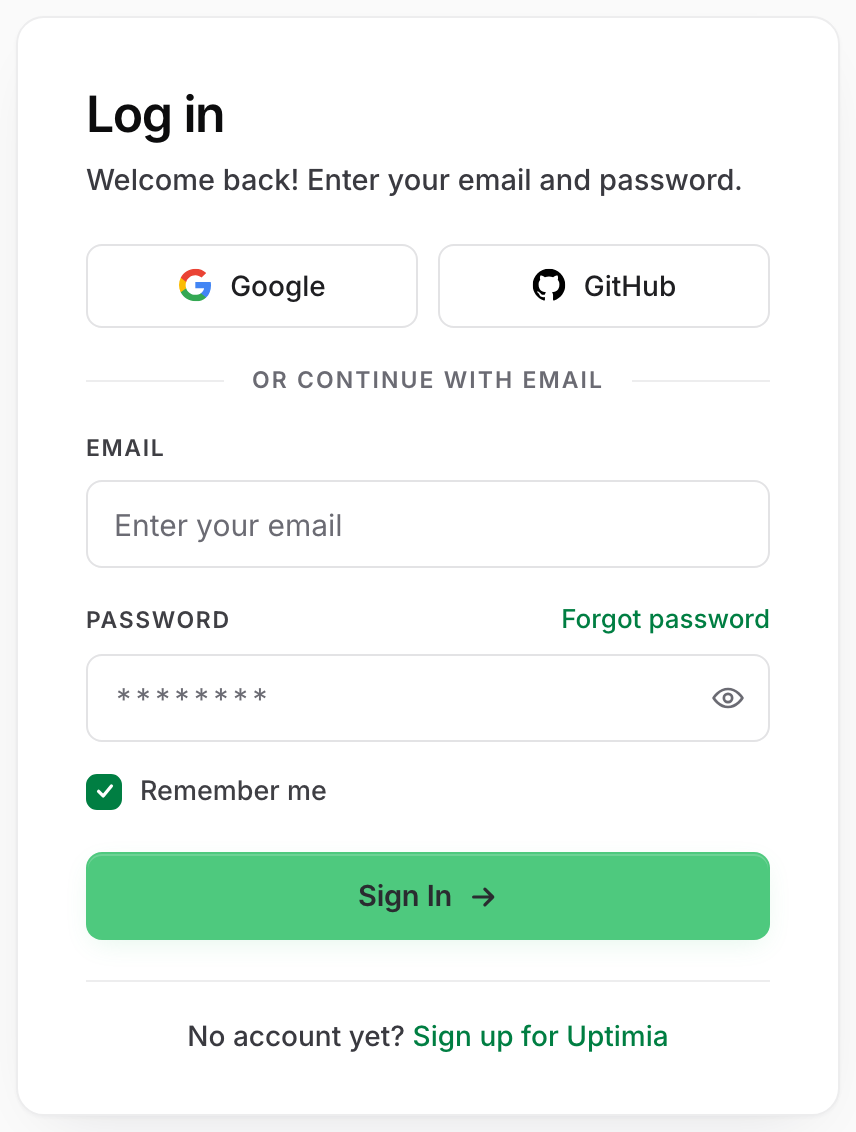 The Uptimia sign-in card: Google and GitHub buttons above the email and password fields, with the Forgot password link beside the Password label and Remember me ticked below.