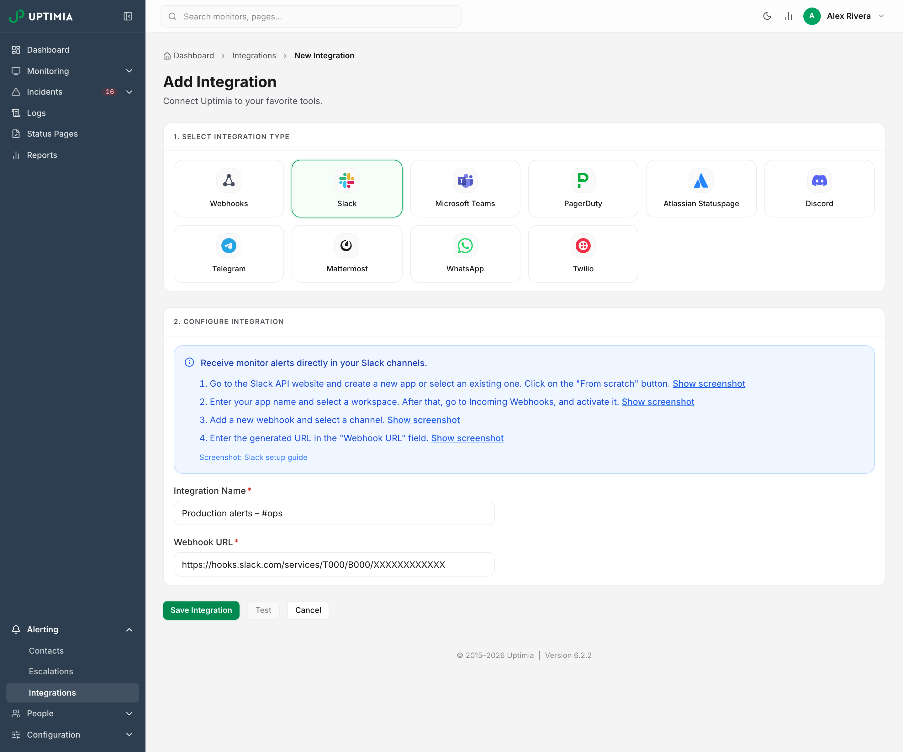 The Add Integration screen with Slack chosen, showing the Slack setup steps above the Integration Name and Webhook URL fields.
