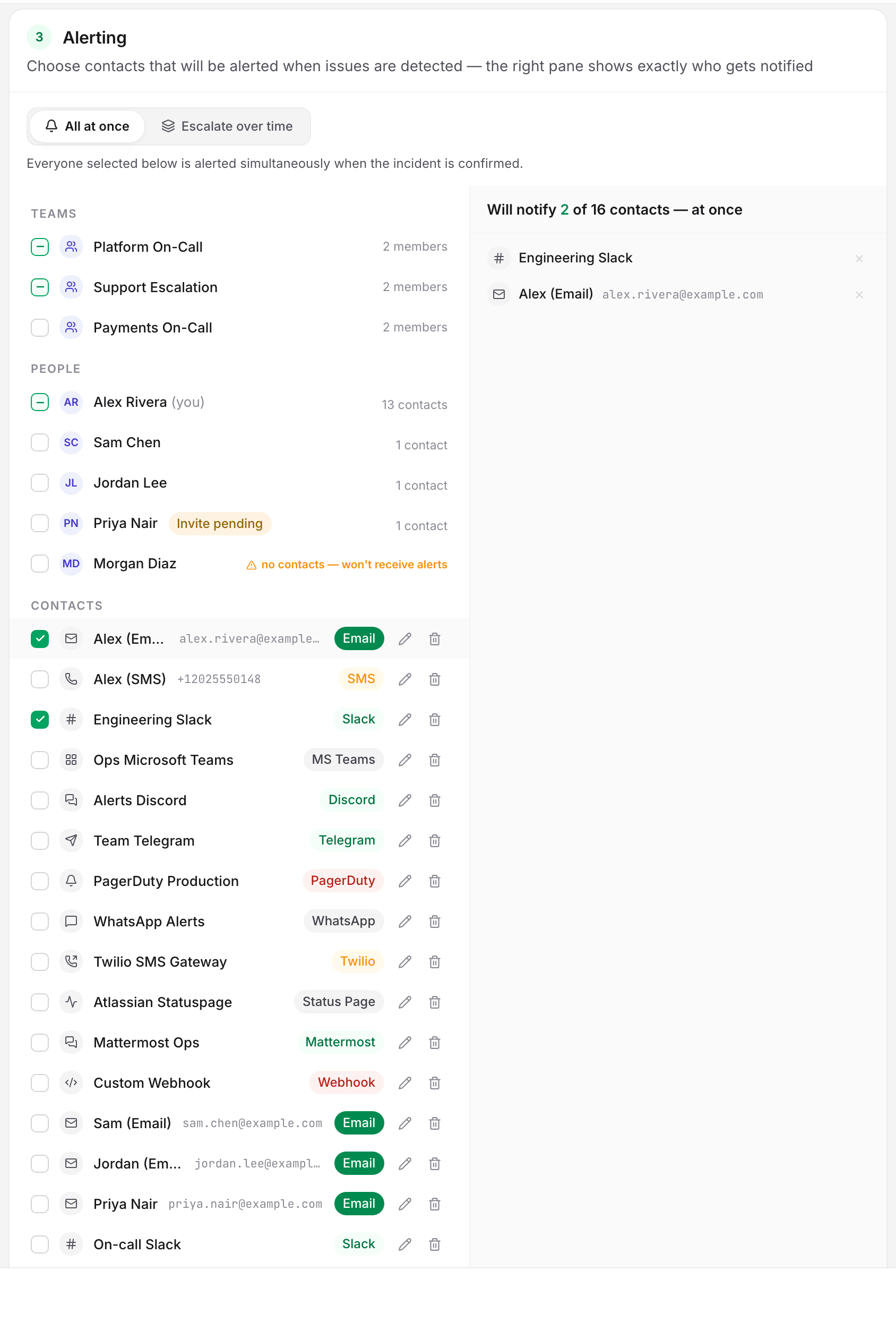 The monitor editor's Alerting card with the Slack contact ticked on the left and the right pane confirming it as the endpoint this monitor will notify.