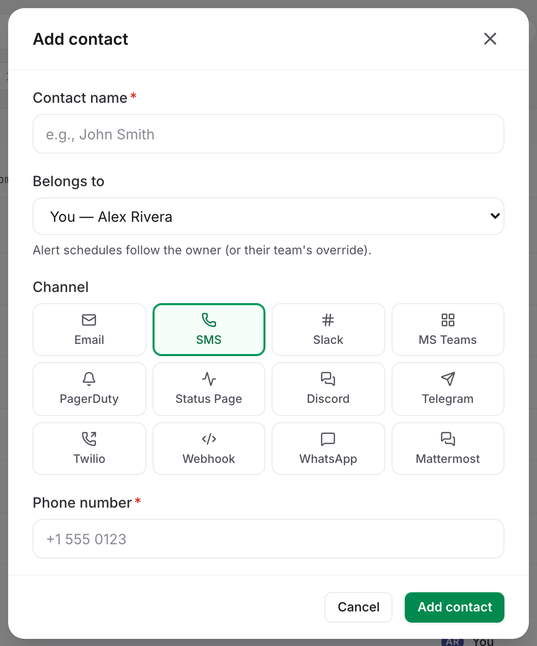 The Add contact modal with SMS chosen in the Channel grid, showing the phone-number field that expects an international number.