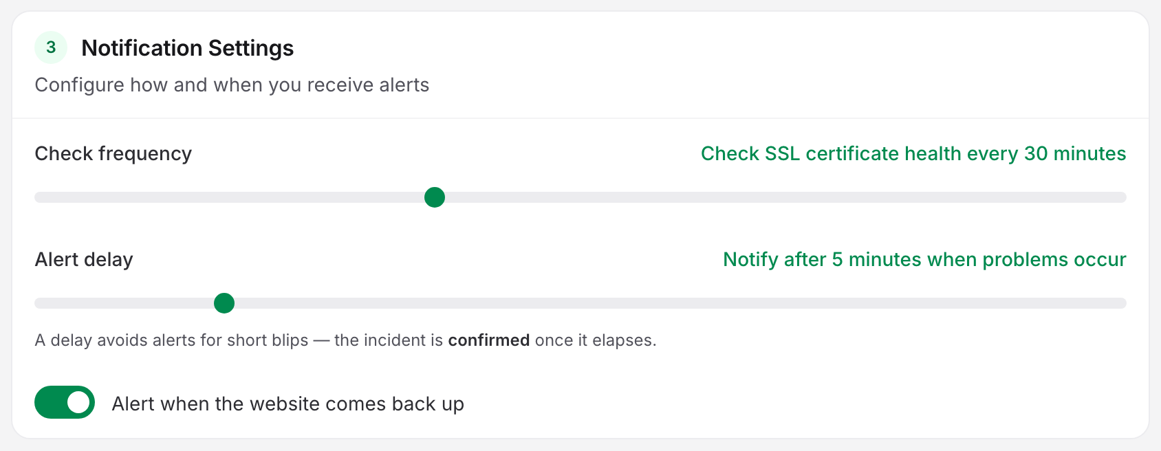The SSL monitor's Notification Settings card: the check-frequency slider set to every 30 minutes, the five-minute alert delay and the recovery-alert toggle.