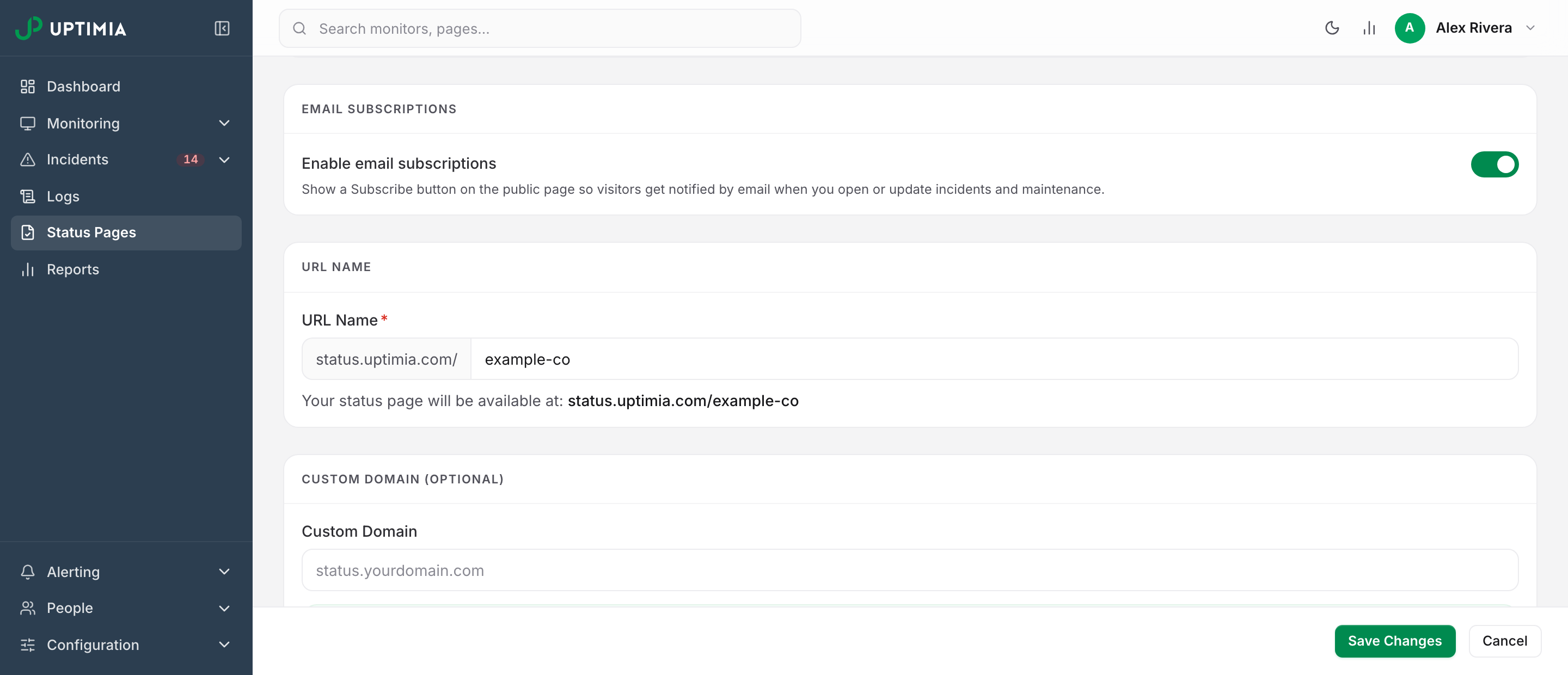 The Email subscriptions card in the status page editor with the Enable email subscriptions toggle switched on.