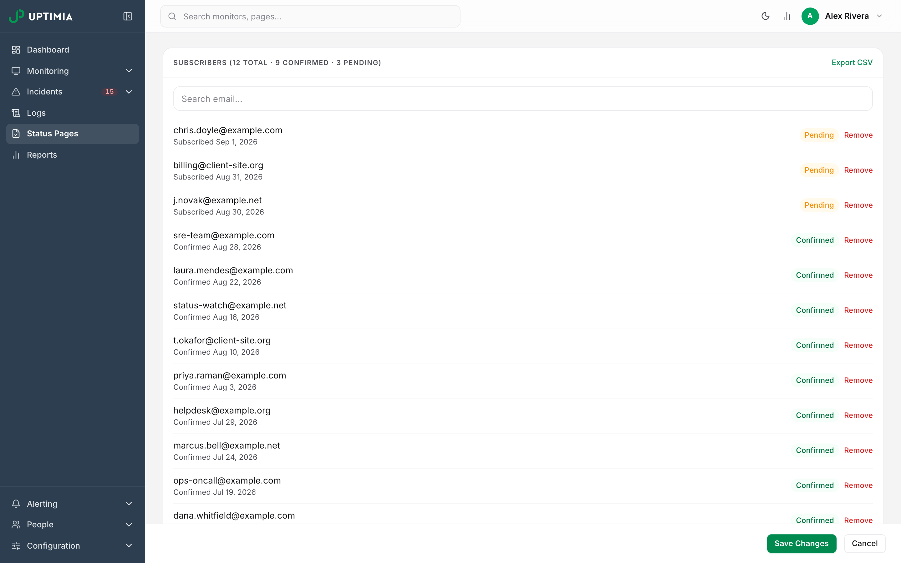 The Subscribers card on a status page, its header counting total, confirmed and pending, with rows carrying Confirmed and Pending badges and a Remove link each.