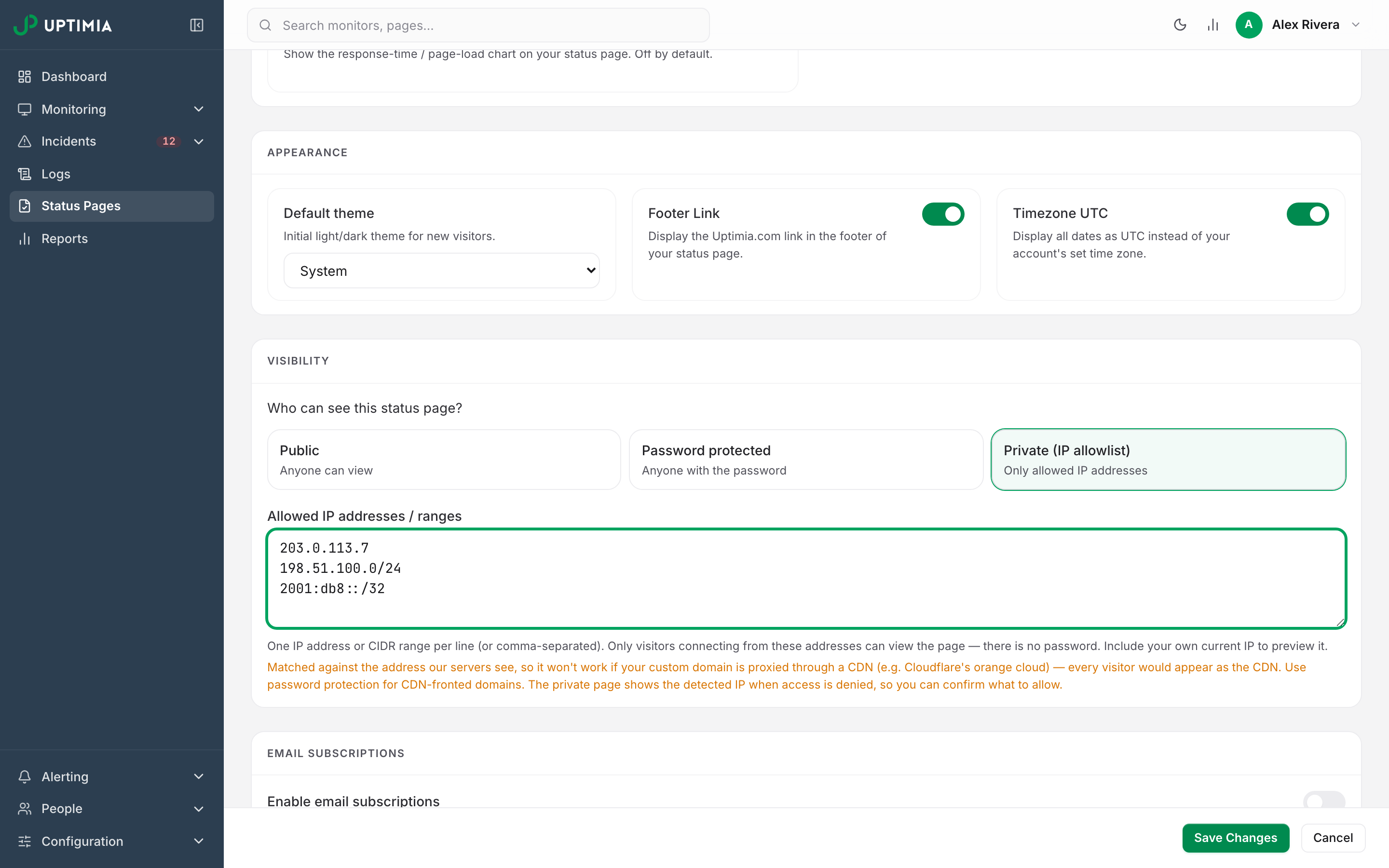 The Visibility card in private mode, with the allowed IP addresses and ranges box filled in and the warning that a CDN-proxied domain breaks the allowlist.