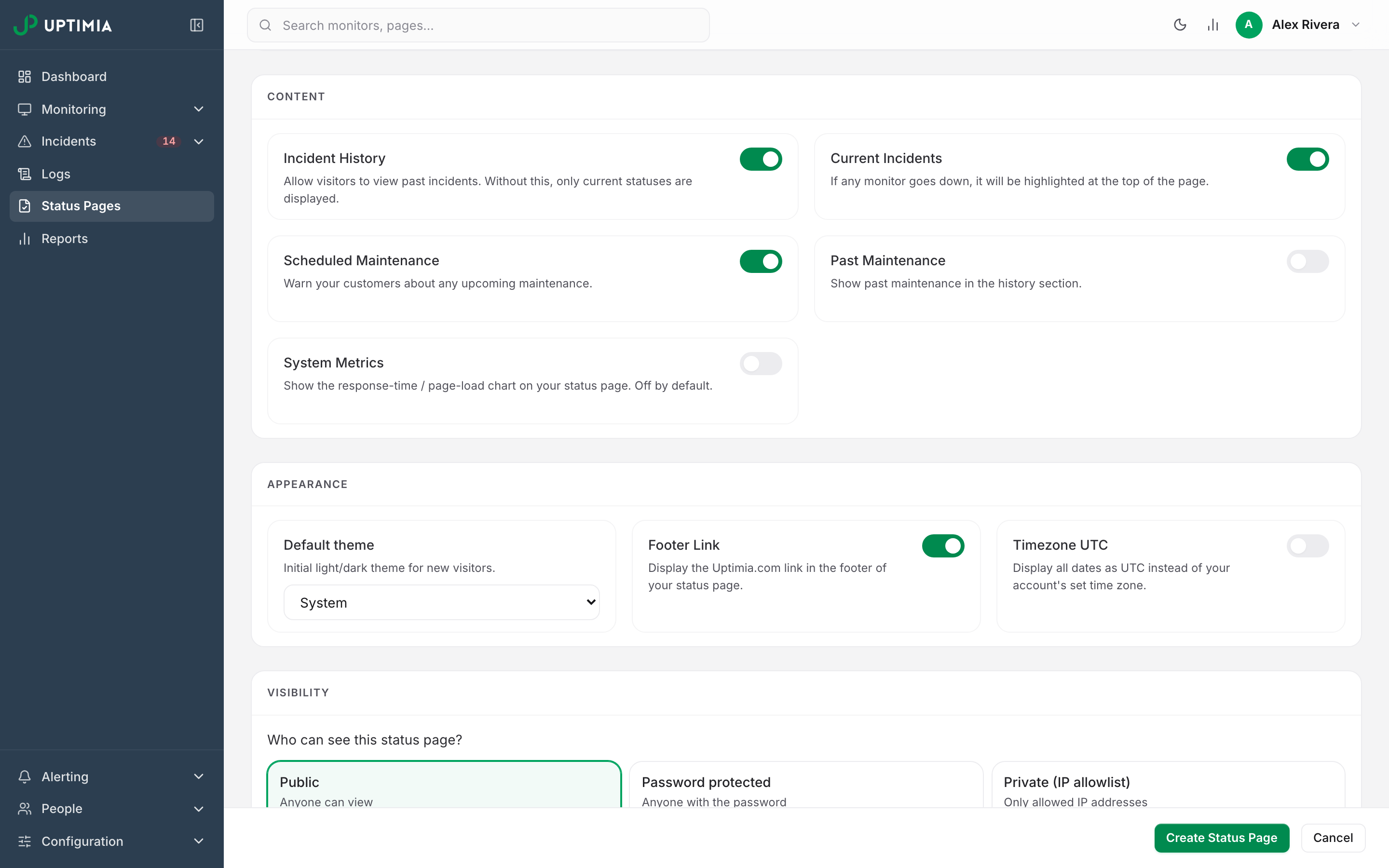 The Content and Appearance cards of a new status page, with Past Maintenance, System Metrics and Timezone UTC off by default and the other four settings on.
