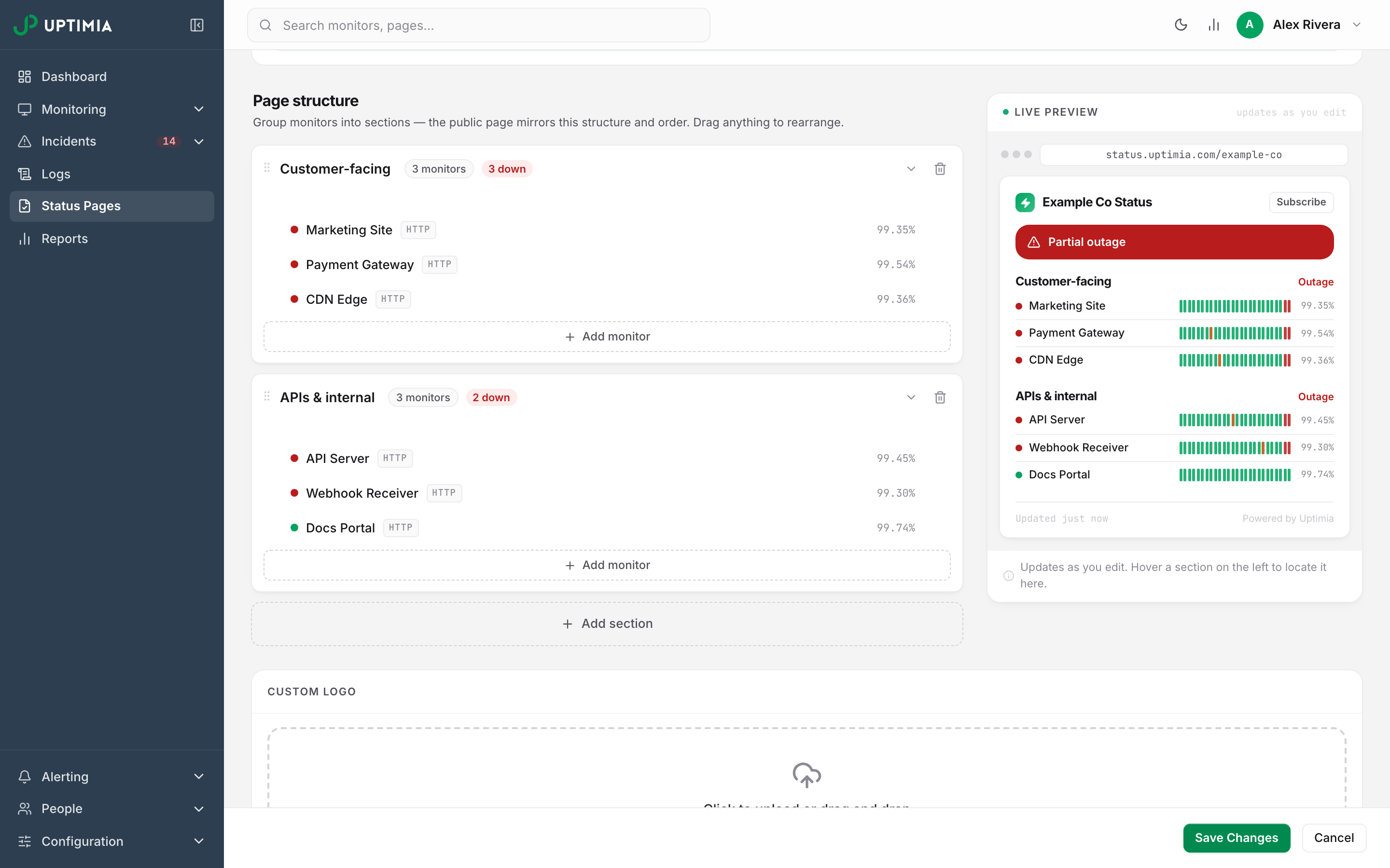 The status page editor's Page structure builder: two sections of monitors on the left and the live miniature of the public page following them on the right.