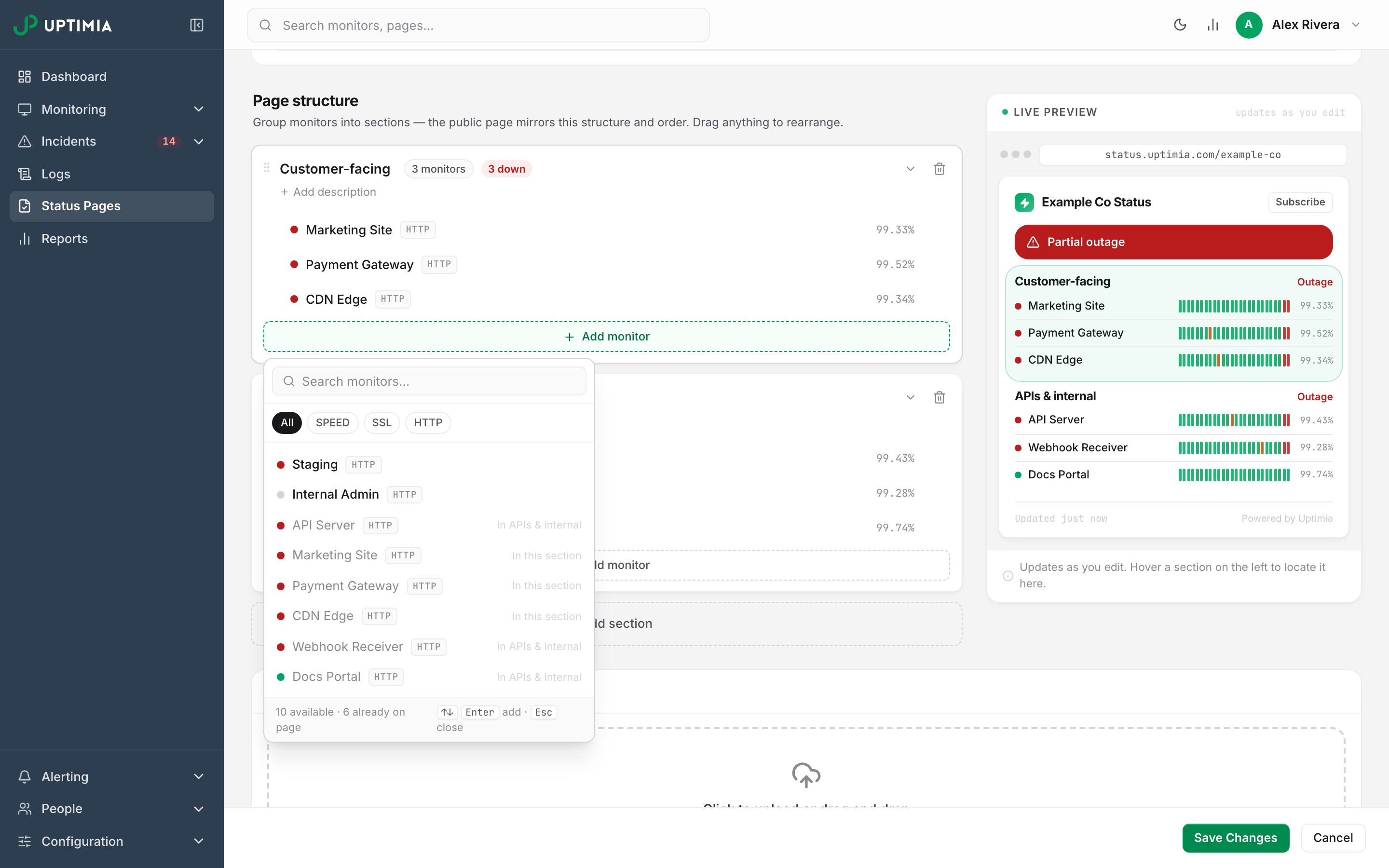 The monitor picker open inside a status page section, listing eligible monitors with the ones already placed greyed out and labelled In this section.
