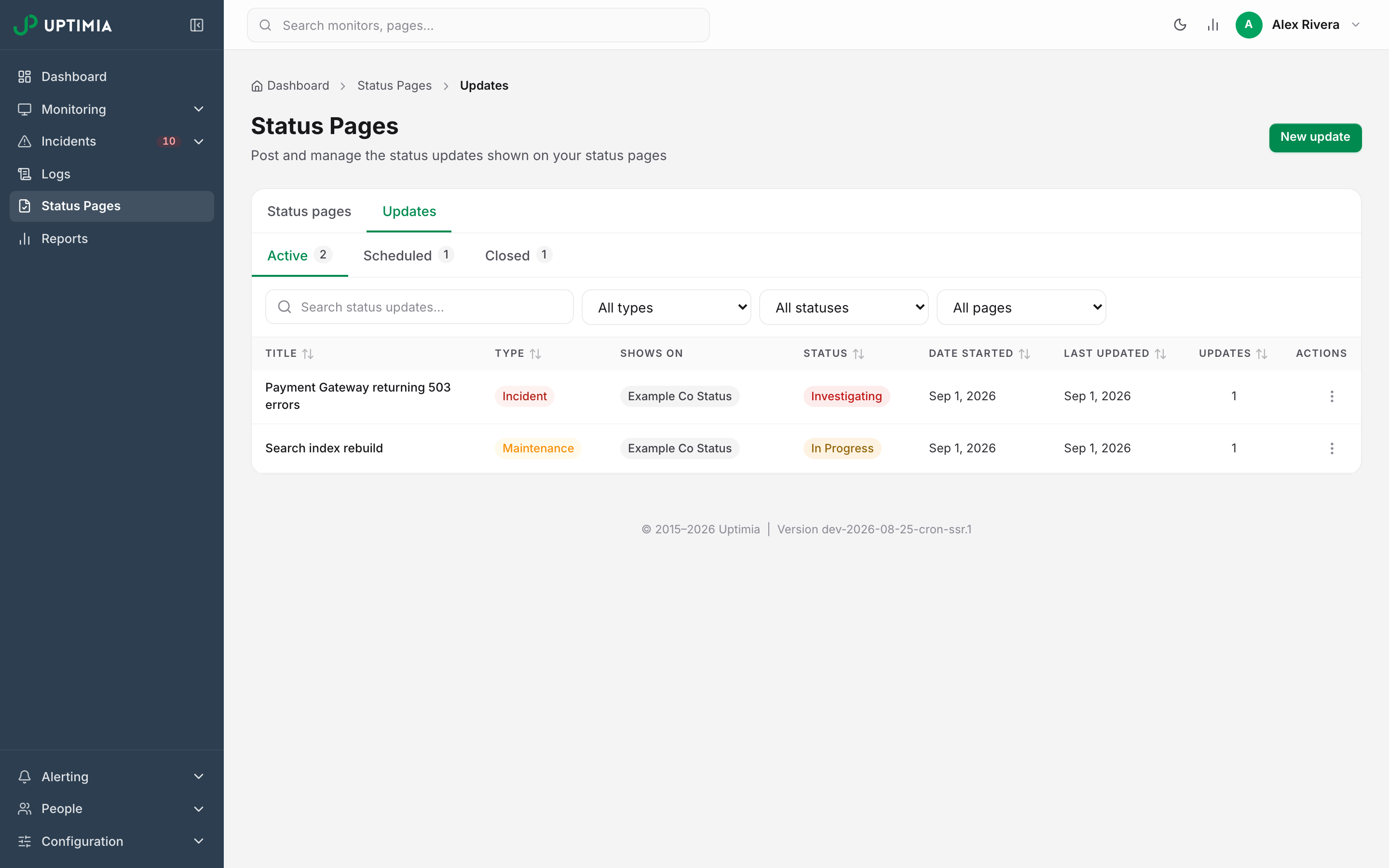 The Updates list on the Active tab: an incident thread at Investigating and a maintenance thread already In Progress, each showing its type, the pages it publishes to and its current stage.