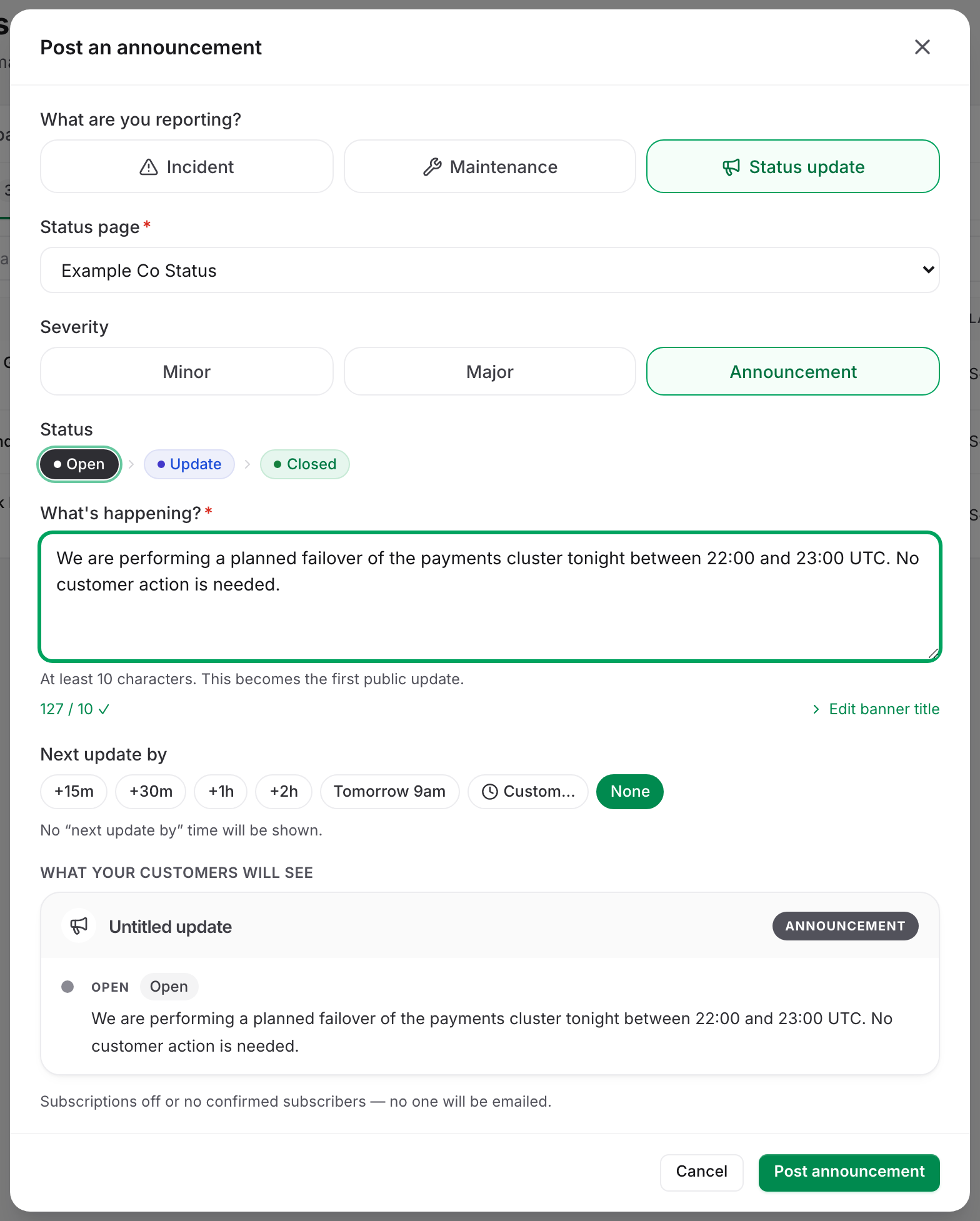 The New update modal set to Status update, showing the severity chips, the Open-Update-Closed stage stepper, the message box and the live preview of the banner customers will see.