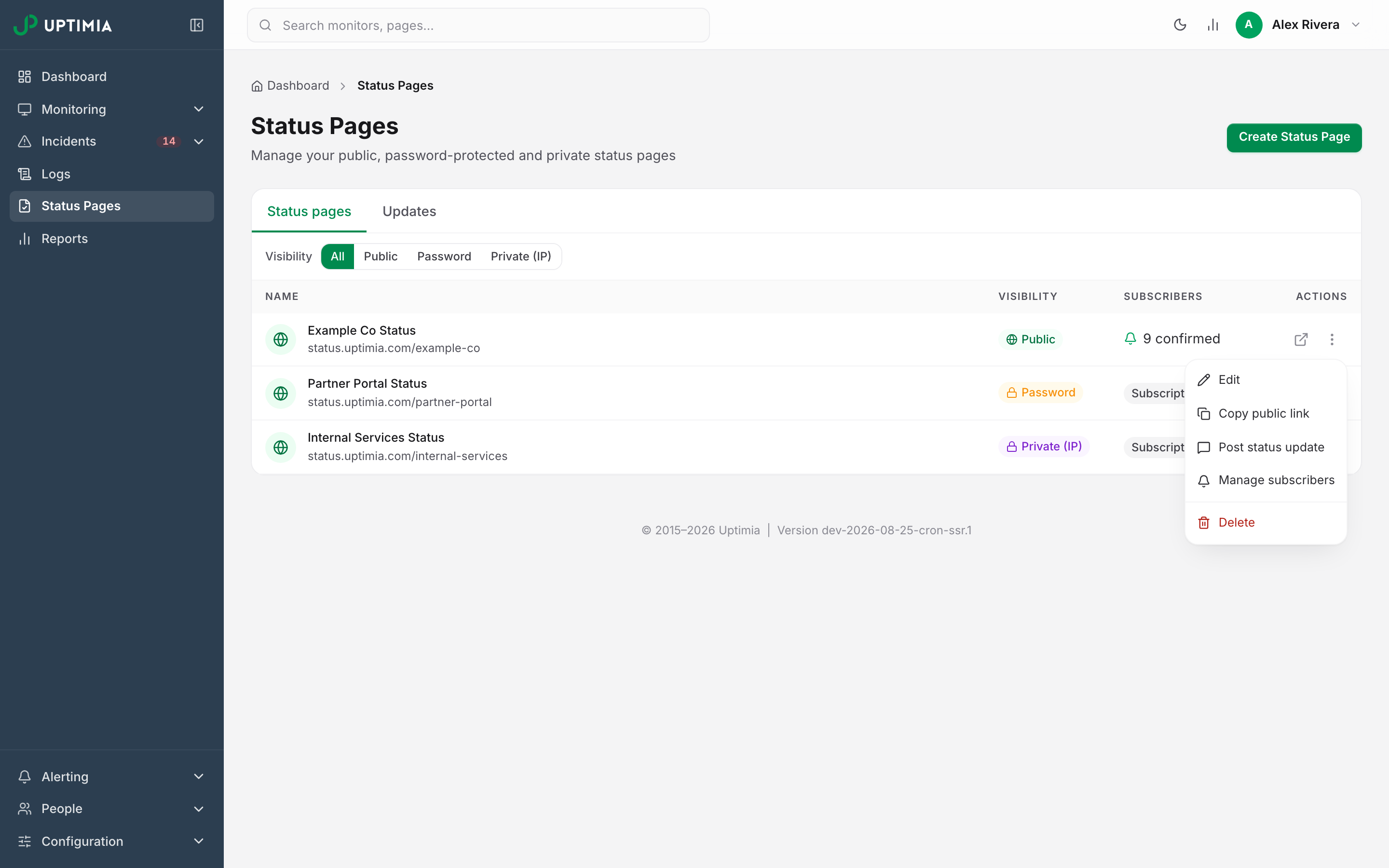 The status pages list with a row's action menu open, showing Edit, Copy public link, Post status update, Manage subscribers and Delete.