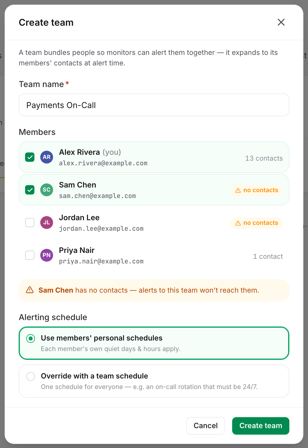 The Create team dialog: a team name, a member checkbox list showing contact counts and a no-contacts warning, and the two alerting-schedule options.
