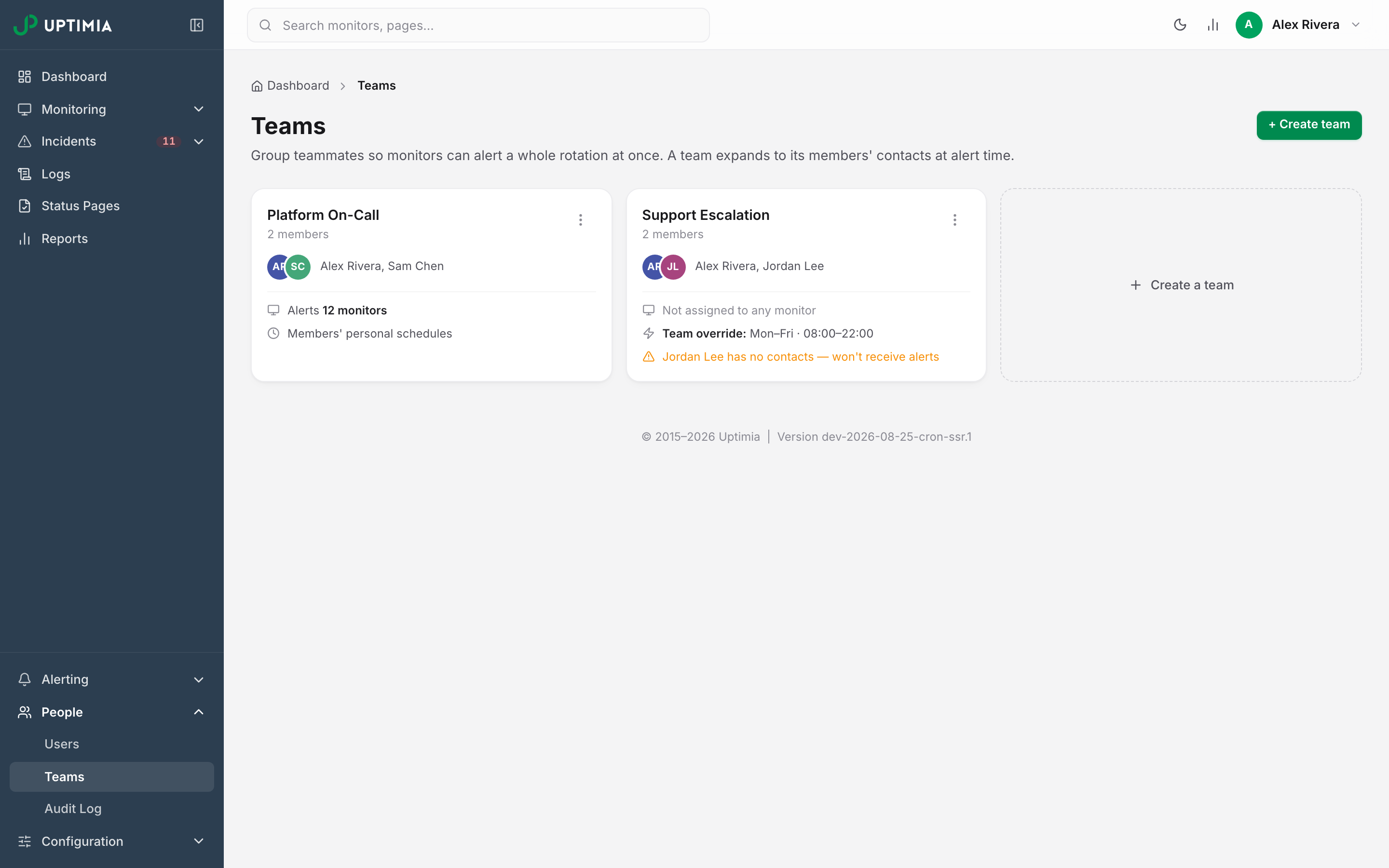 The Teams page with two team cards (one on members' personal schedules alerting 12 monitors, one with a Mon–Fri override and a no-contacts warning) beside the Create a team card.