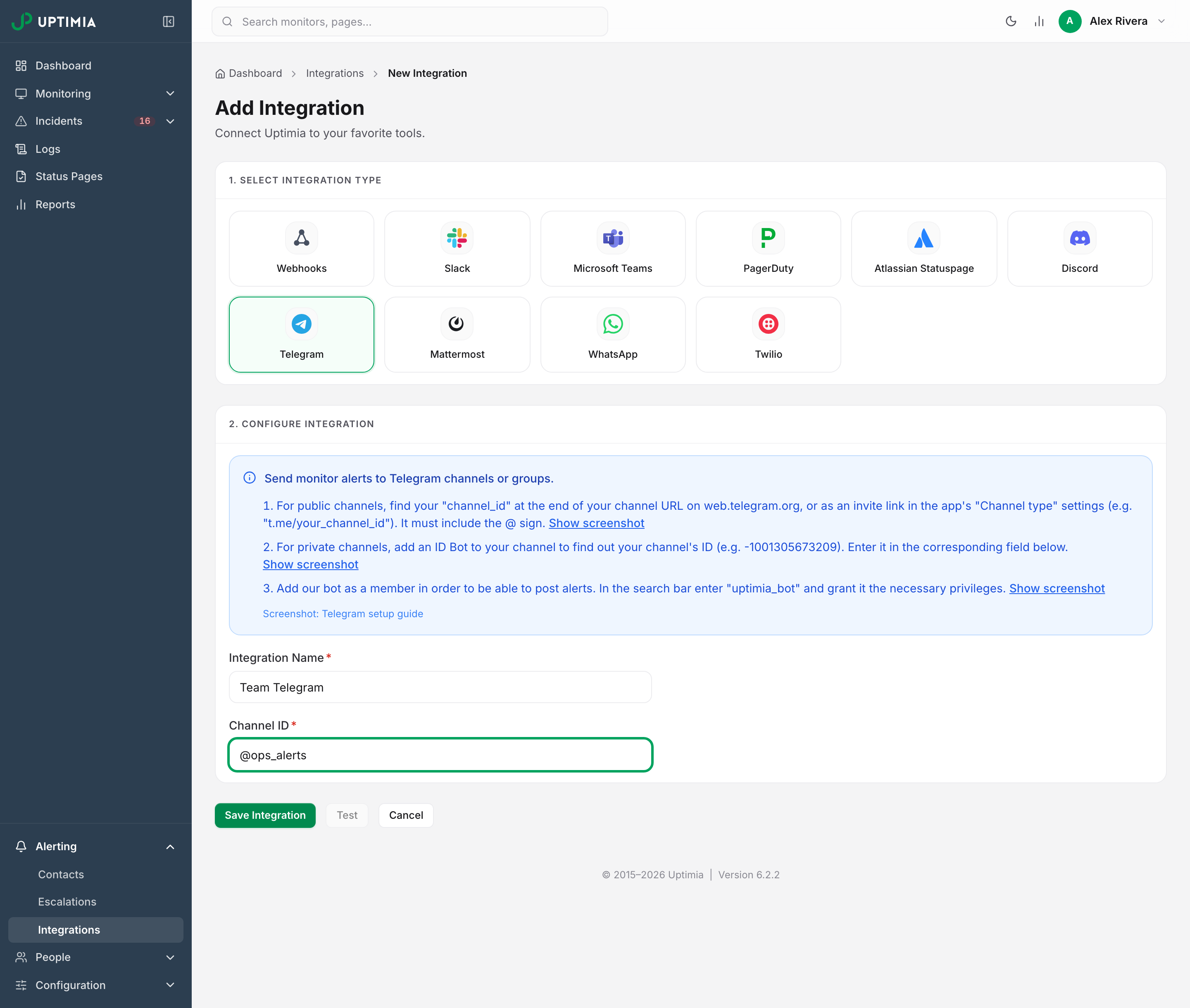 The Add Integration screen with Telegram chosen, showing the three Telegram setup steps above the Integration Name and Channel ID fields.
