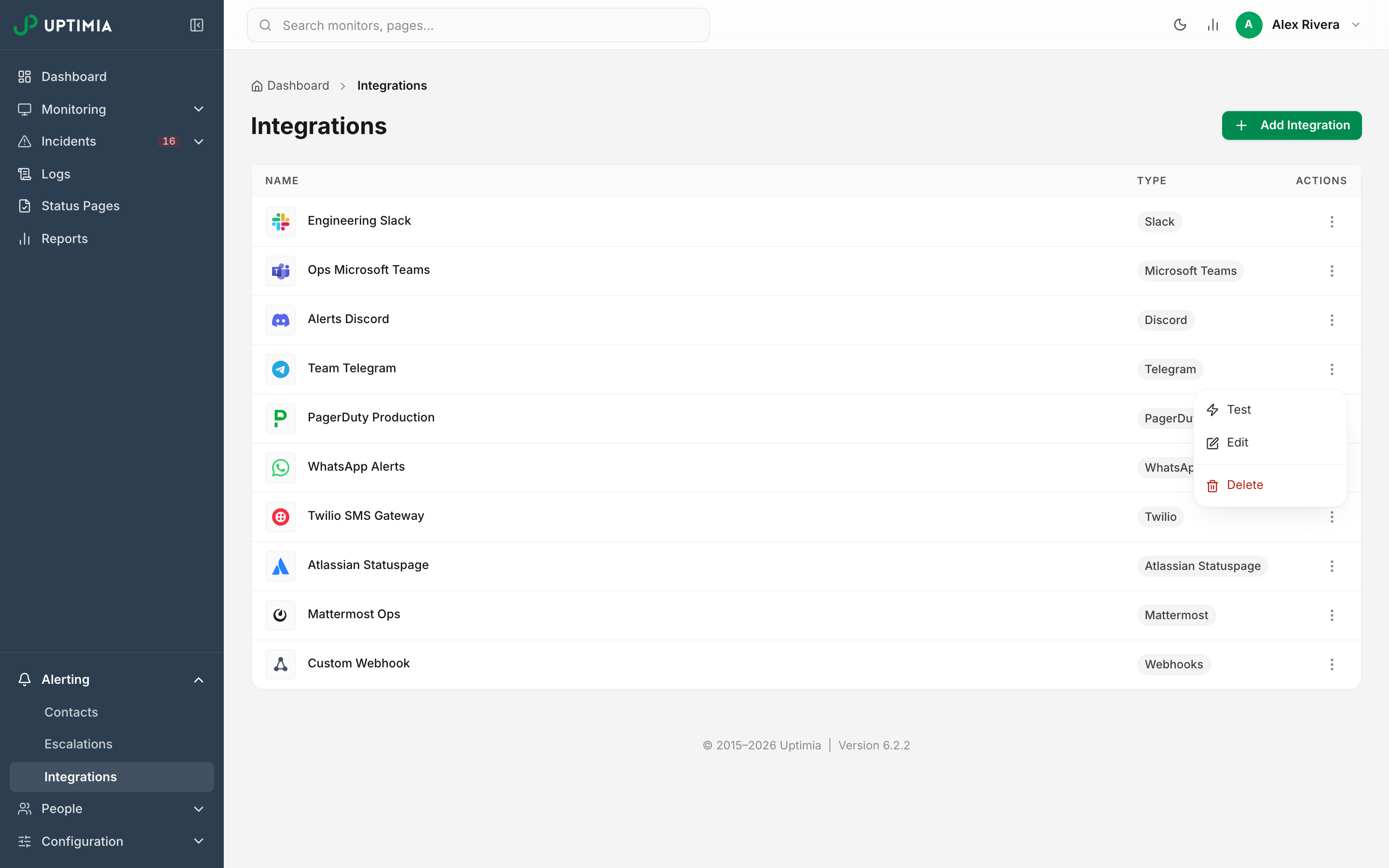 The Integrations list with the Team Telegram row's actions menu open on Test, Edit and Delete, showing where the per-integration test lives.