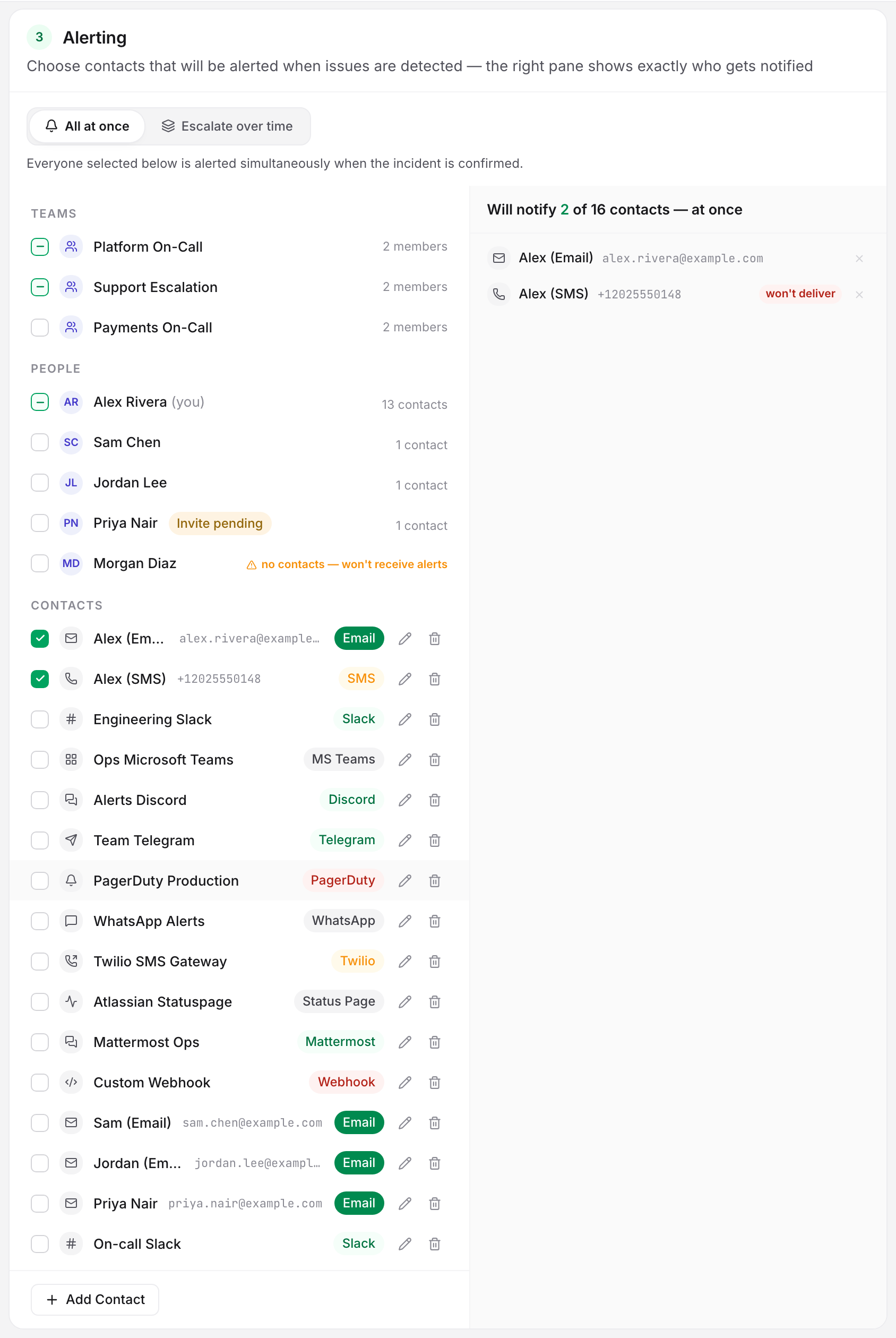 The monitor editor's Alerting card: the right pane resolves the ticked contacts into the endpoints that would be paged, with a red "won't deliver" badge against the one the delivery queue would drop.