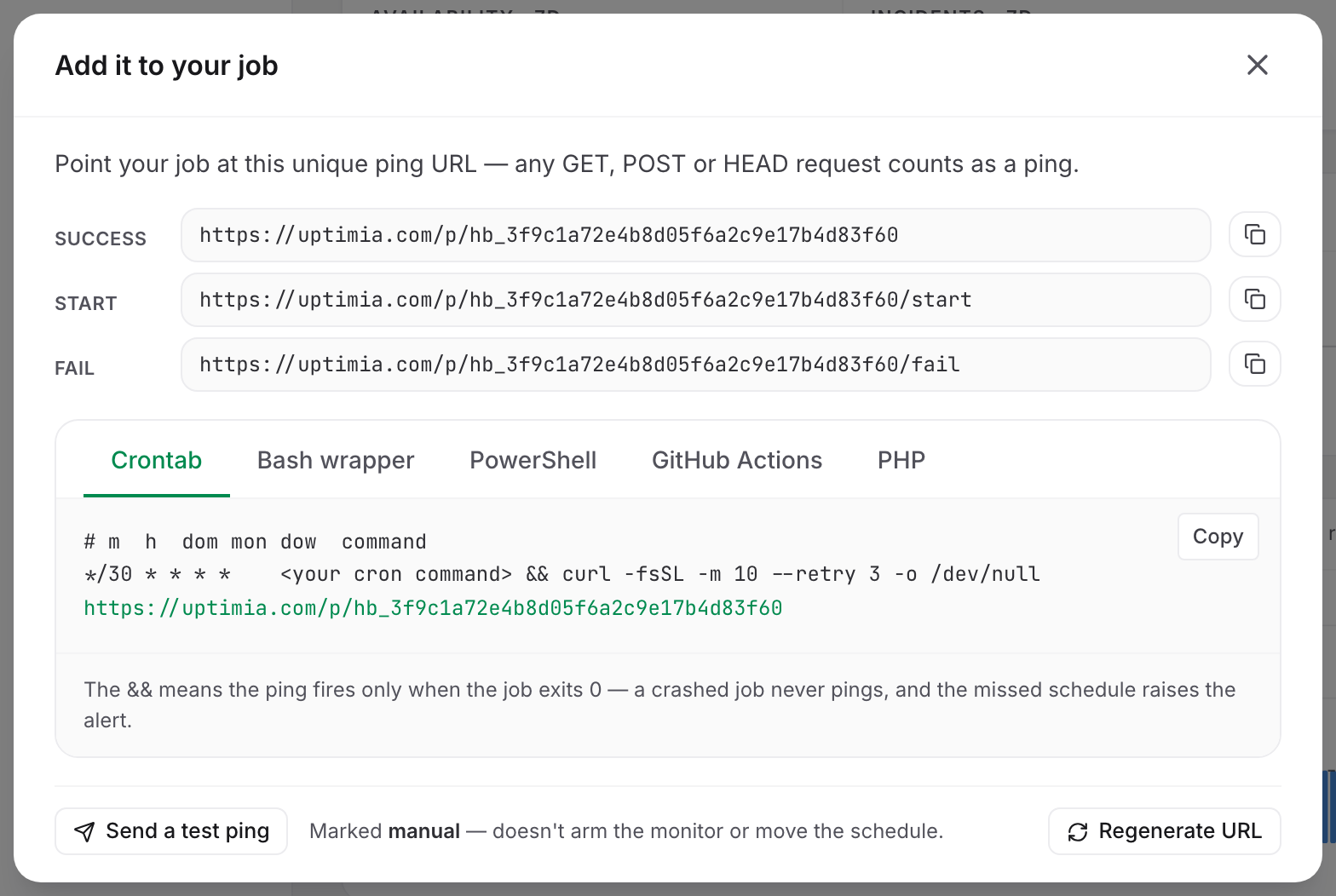The Ping setup modal on a heartbeat monitor, showing the Success, Start and Fail ping URLs, the copy-paste snippets, and the Send a test ping button.