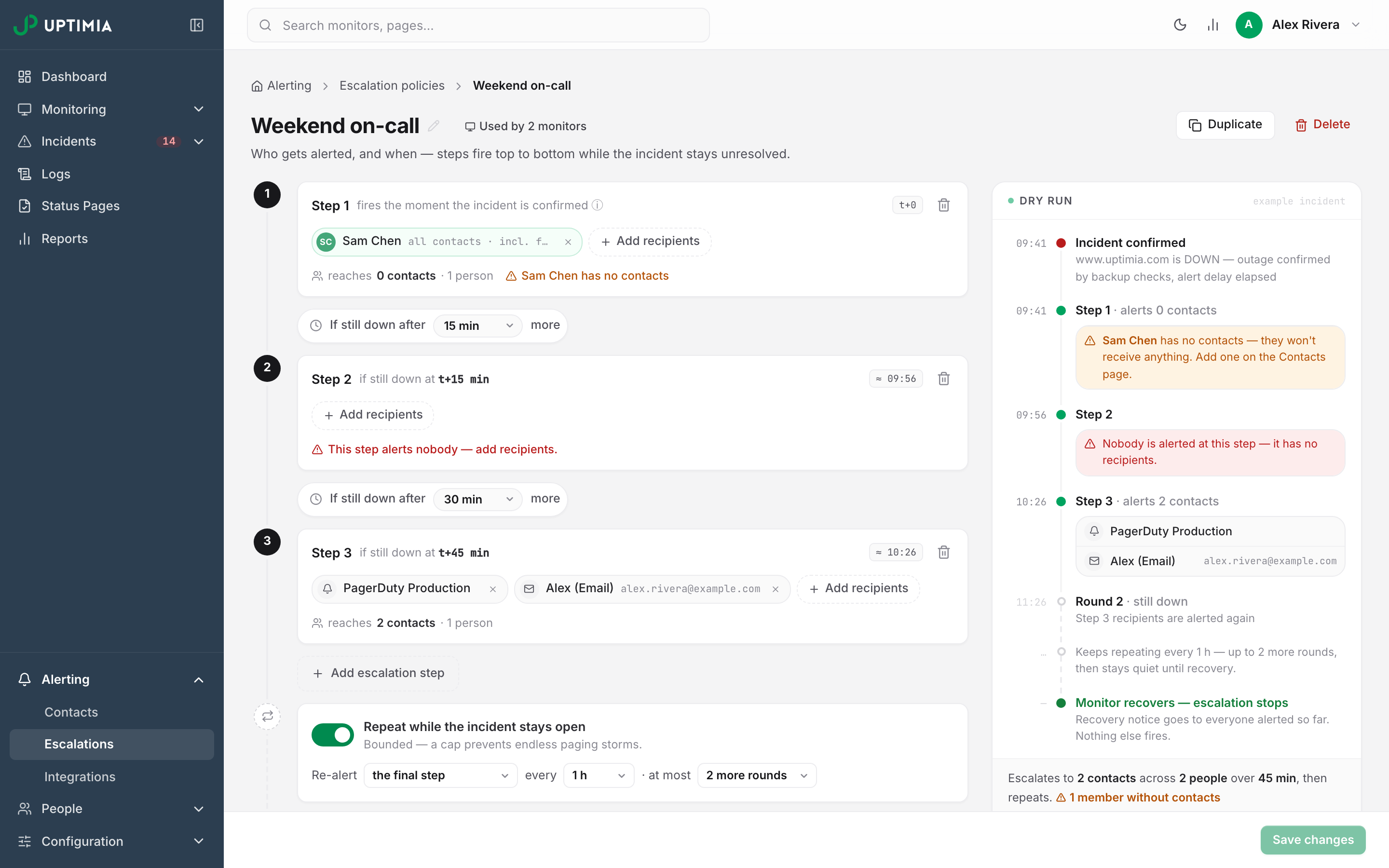 An escalation policy editor with its Dry run pane replaying an example incident step by step, one step flagged in red as alerting nobody and another warning that a selected person has no contacts.