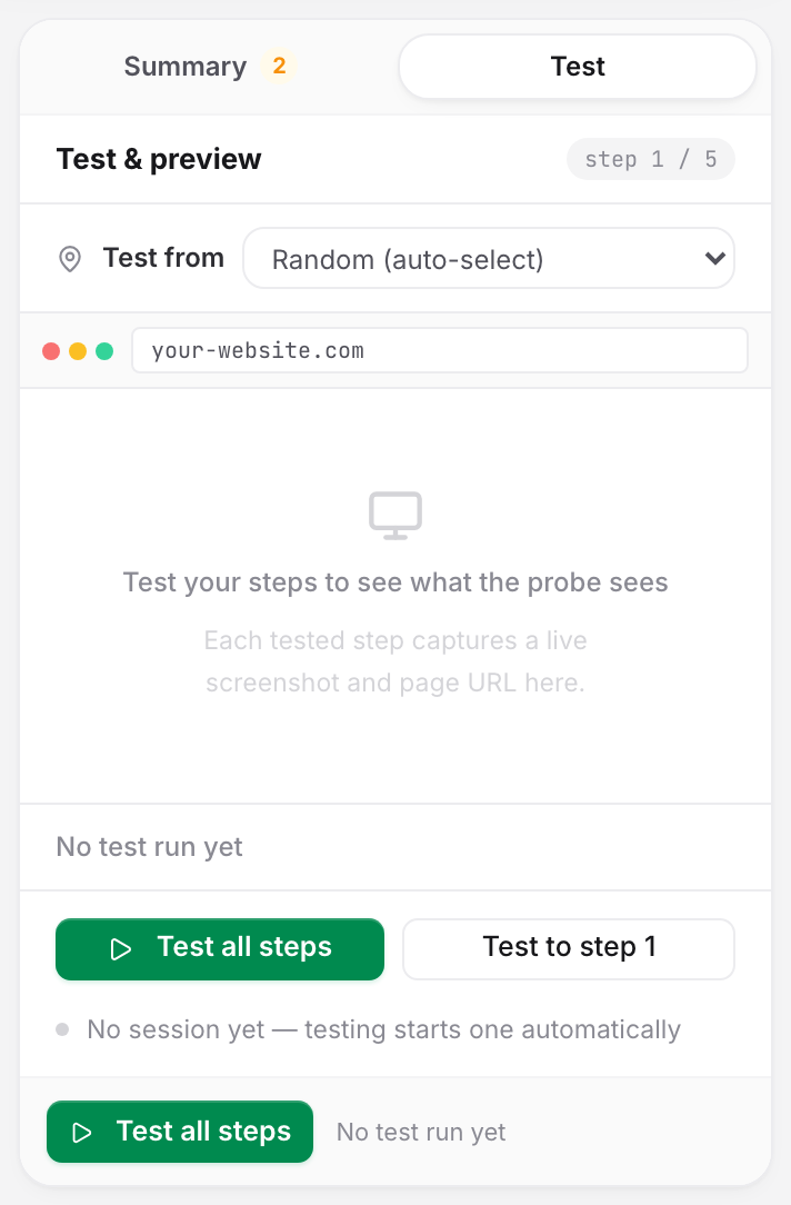 The transaction editor's Test and preview rail before any run: the probe selector, the browser preview pane and the Test all steps button.
