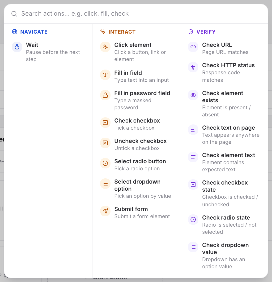 The step action picker with its three groups (Navigate, Interact and Verify) and the actions each one holds.