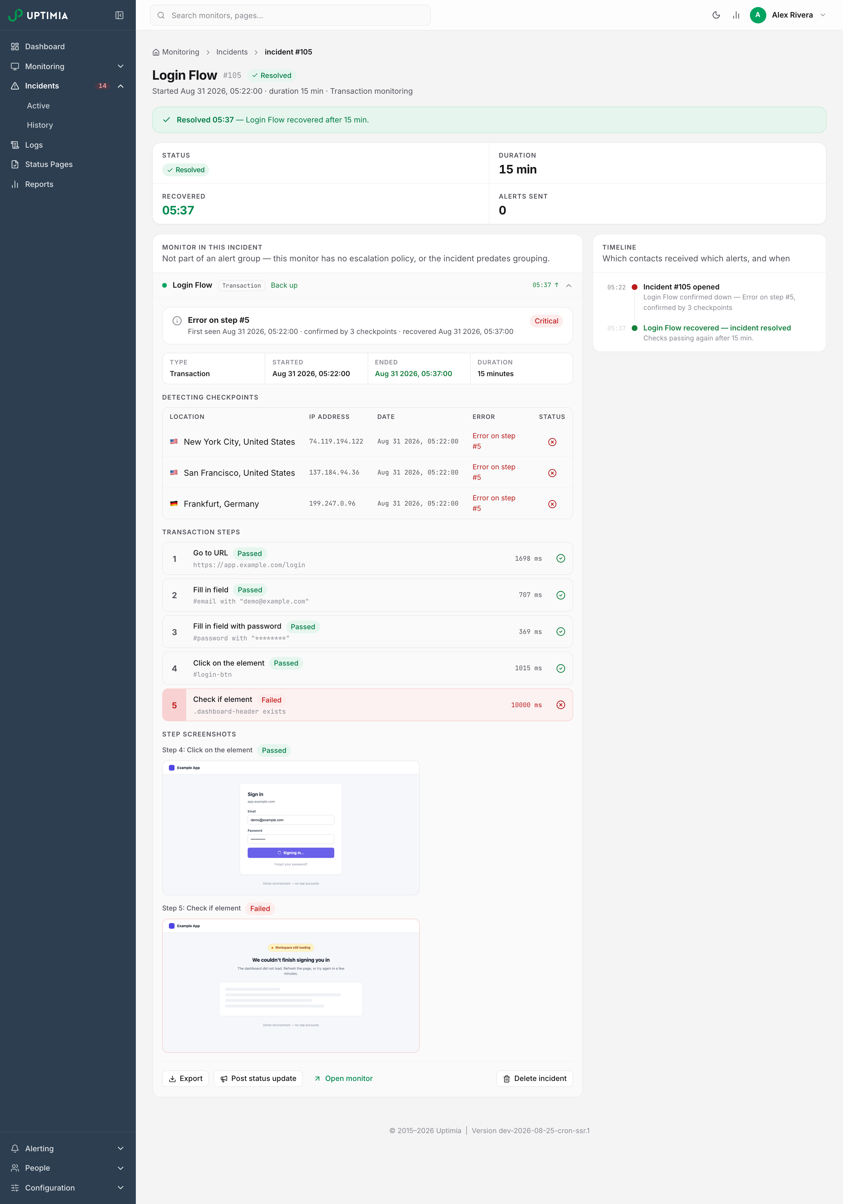 A transaction incident page: the Transaction steps list badges steps 1 to 4 Passed and the last one Failed, and the Step screenshots section below shows what the browser saw on the passing step and on the failure.