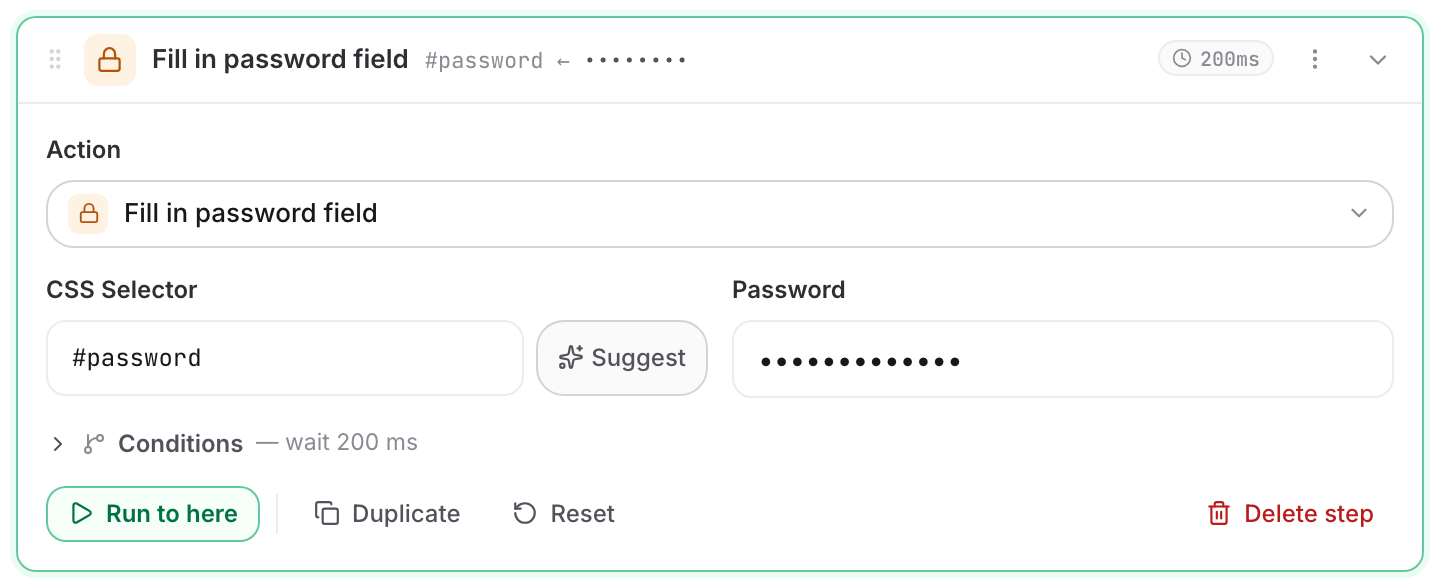 A transaction step expanded in the builder, showing the CSS selector field with its Suggest button beside it and the Run to here control used to replay the step against a live page.