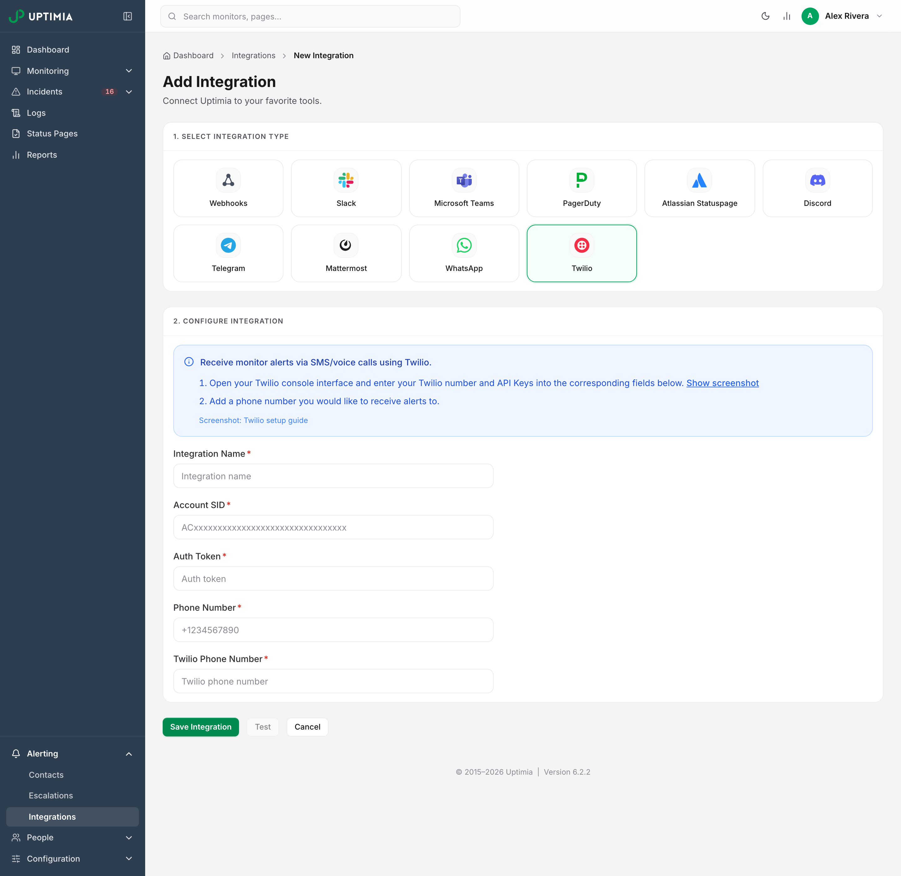 The Add Integration form with Twilio selected in the type grid, showing its four required fields: Account SID, Auth Token, Phone Number (who receives the alert) and Twilio Phone Number (who it is sent from).