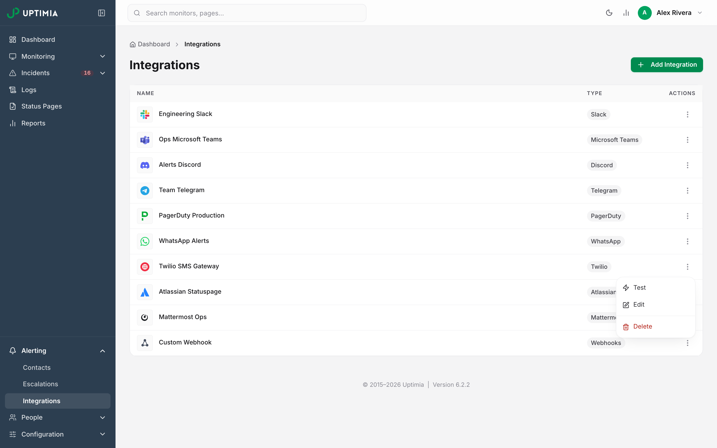 The Integrations list with the actions menu open on the Twilio SMS Gateway row, offering Test, Edit and Delete - Test sends a live SMS to the configured recipient number.